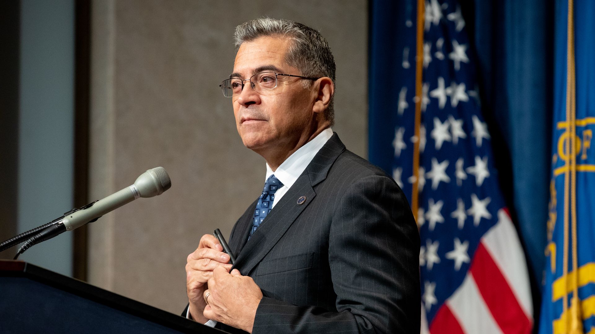 Xavier Becerra, secretary of Health and Human Services, speaks at a news conference.