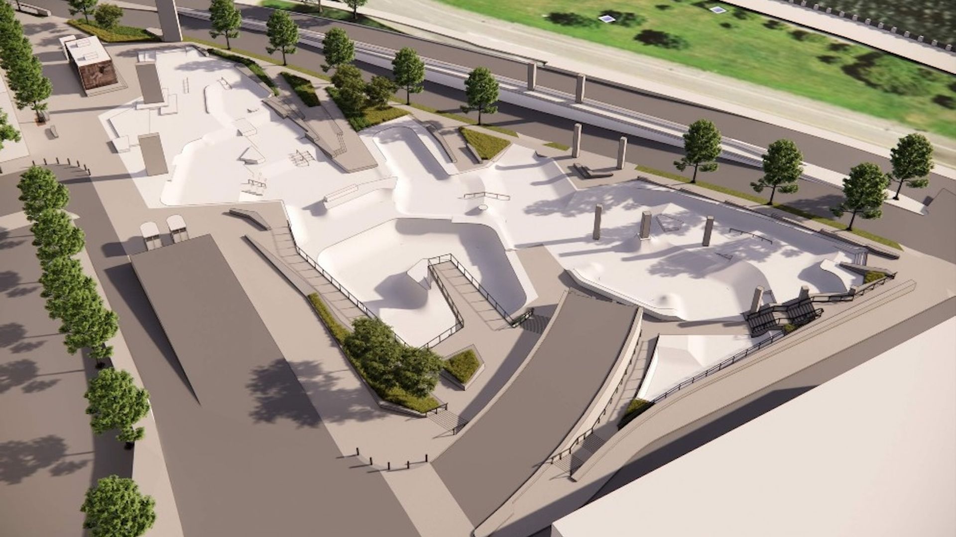 Top-down view of a white concrete skatepark with bowls, ramps, rails, and stairs, surrounded by trees and roads; an elevated curved ramp hugs the outer edge.