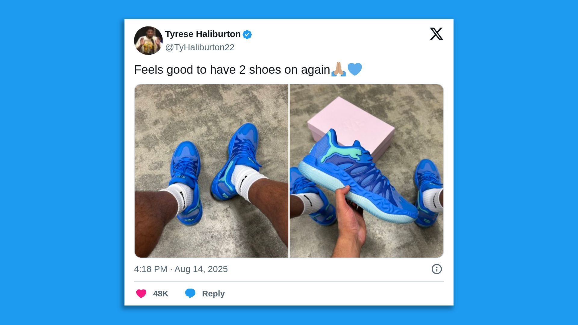 Tweet from Tyrese Haliburton with photos of his feet wearing bright blue sneakers with white socks, and a hand holding one shoe next to a light pink shoe box on a gray floor.