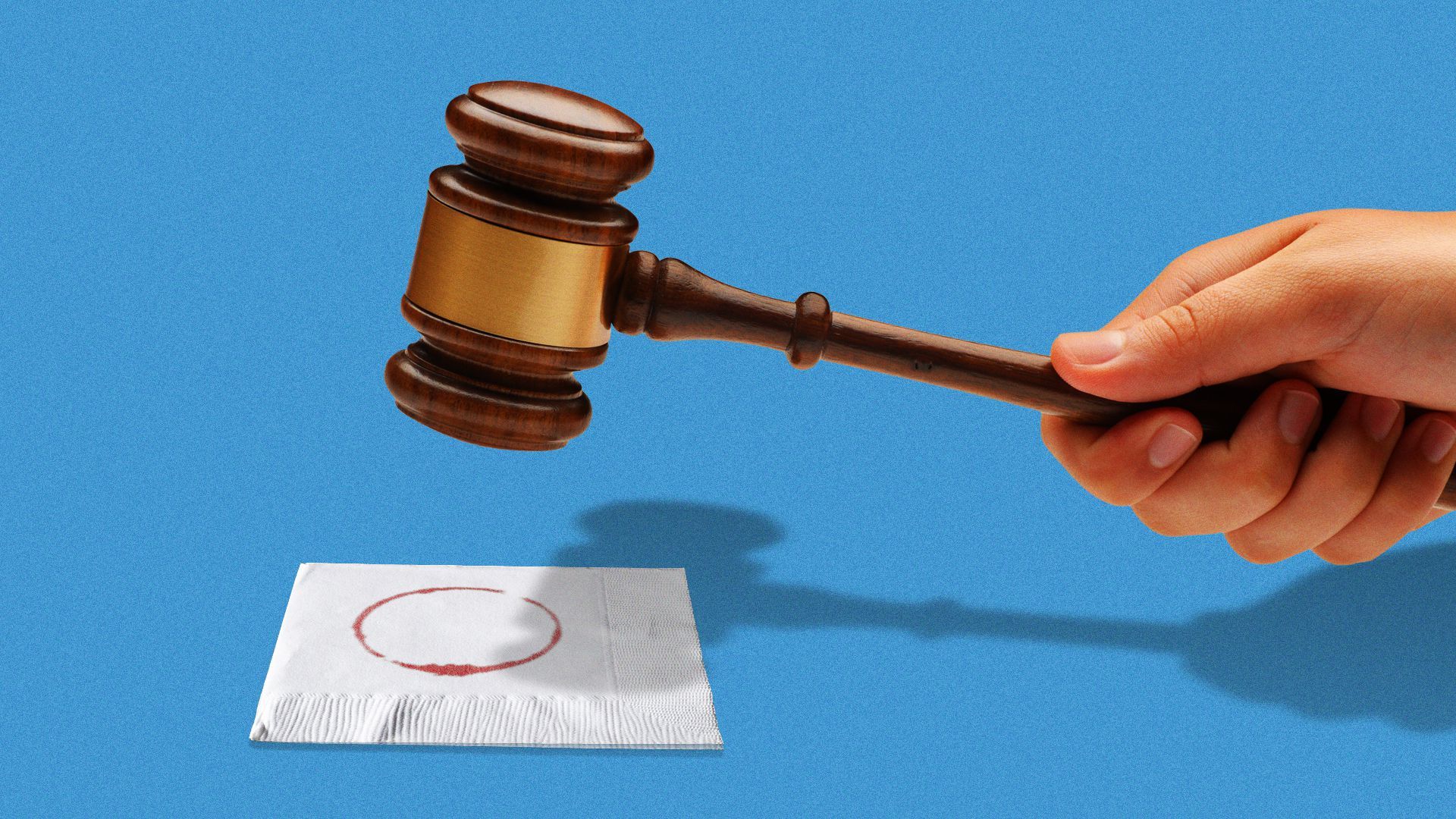 Illustration of a gavel coming down on a cocktail napkin.