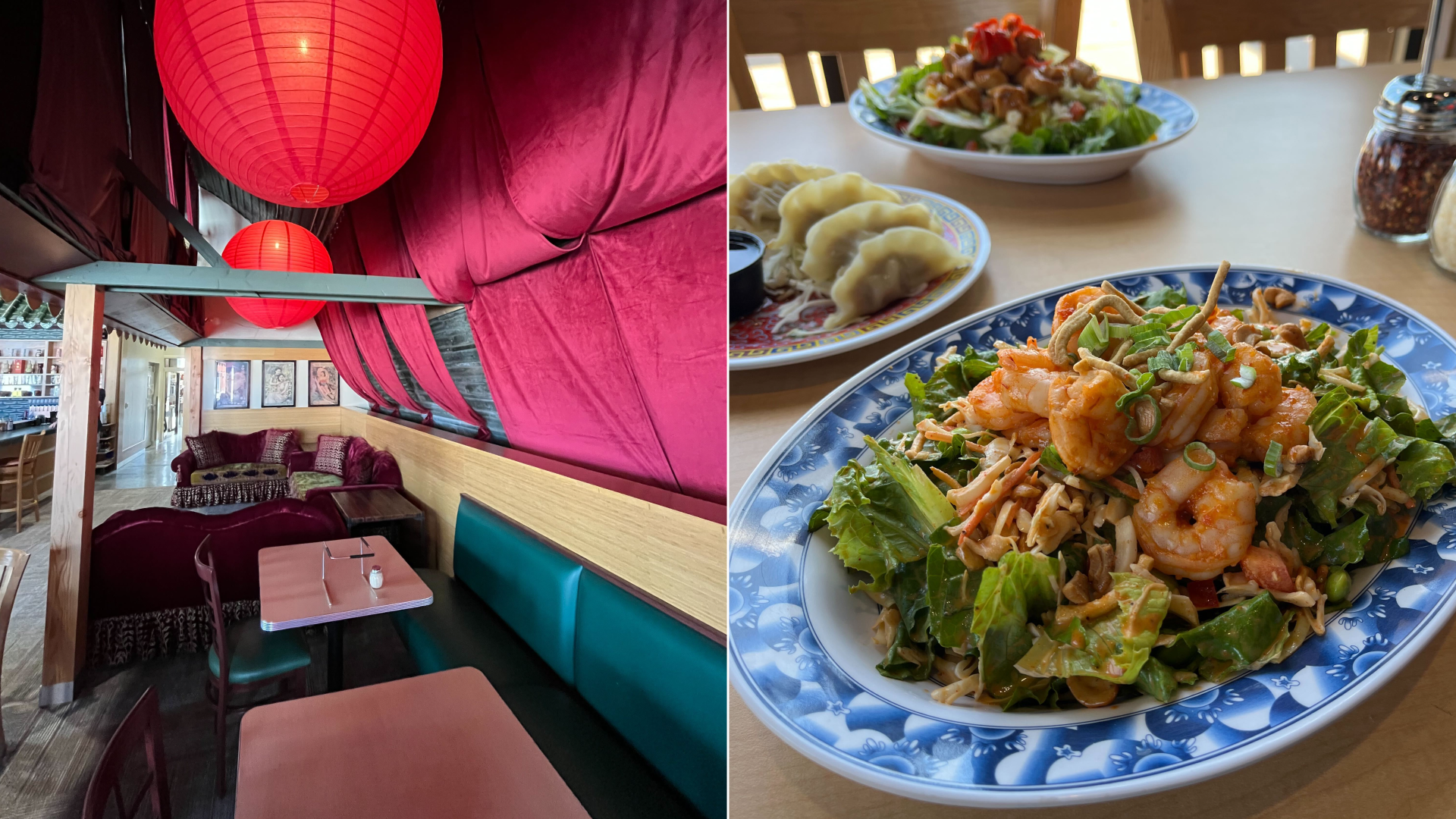 The lounge seating area at Fong's (left) and some salads on the right