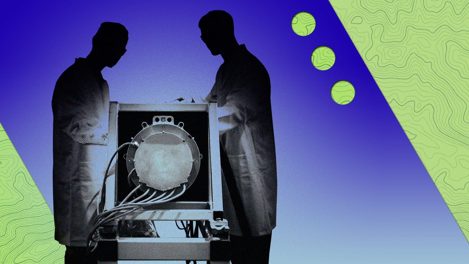 Illustration of two scientists testing lithium car battery among graphic shapes