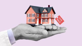 Illustration of a doctor's hands holding a small house with a sales tag 