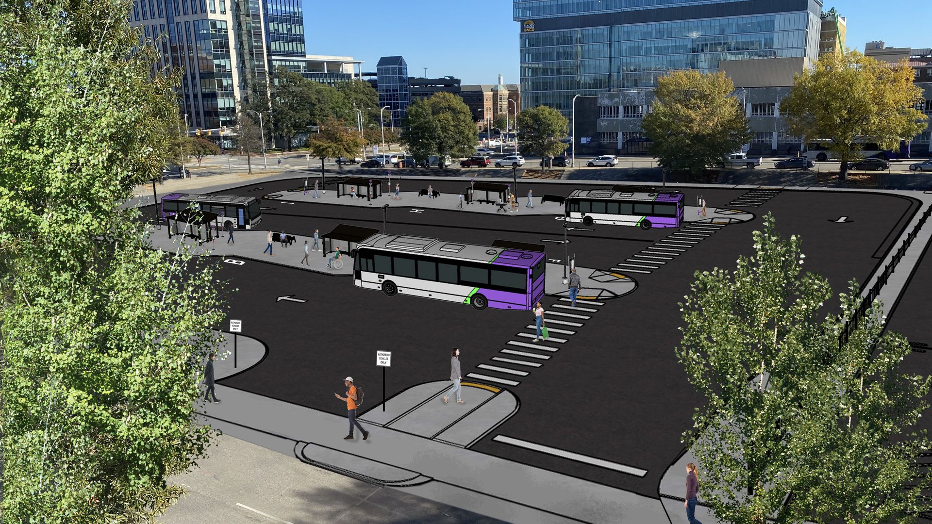A drawing of a parking lot with 2 buses in it. 