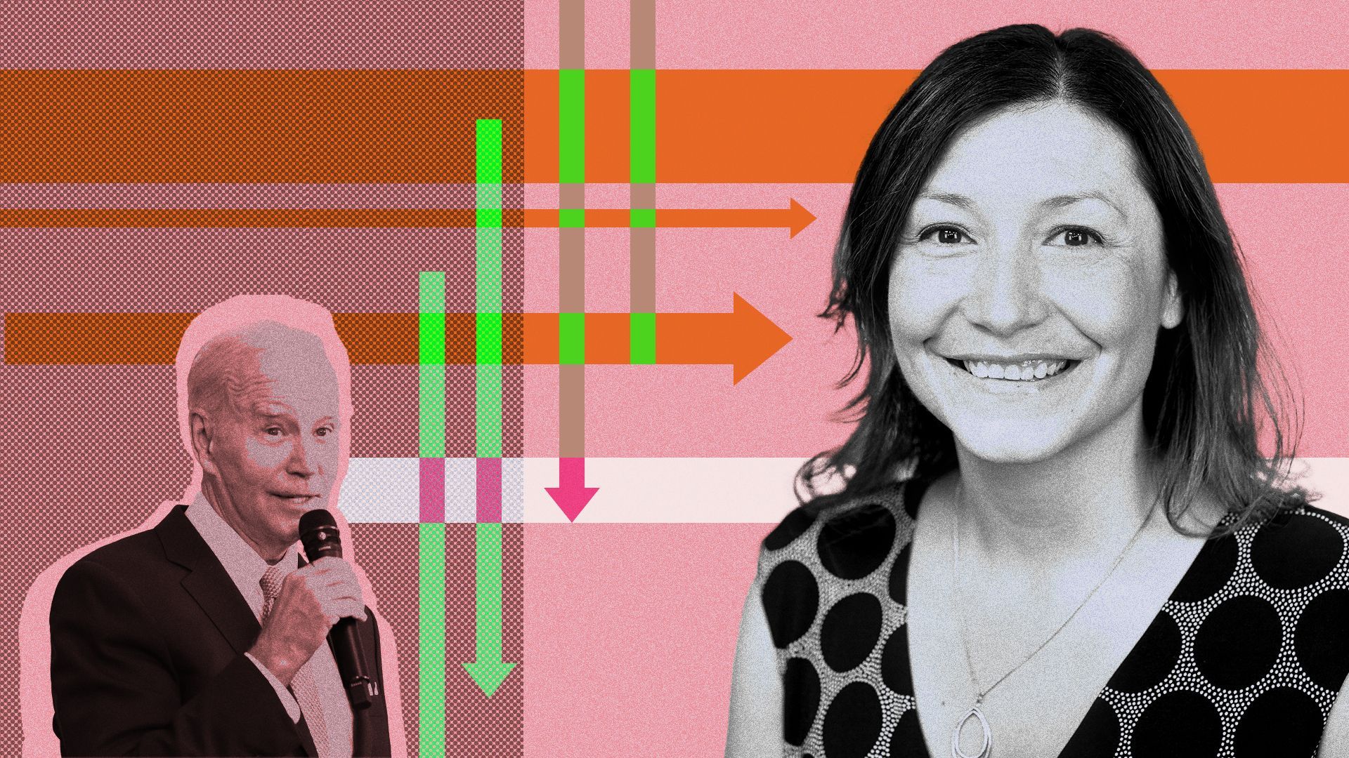 Photo illustration of Julie Chavez Rodriguez, Joe biden and downward-pointing arrows.