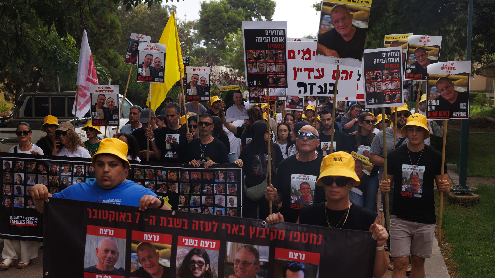 People attend a march calling for the release of hostages, following an attack by Hamas on Oct. 7, one year on in Kibbutz Beeri, southern Israel, on Monday, Oct. 7, 2024. Israel has been in a state of war since Hamas stormed southern Israeli communities and military bases on Oct. 7 last year.