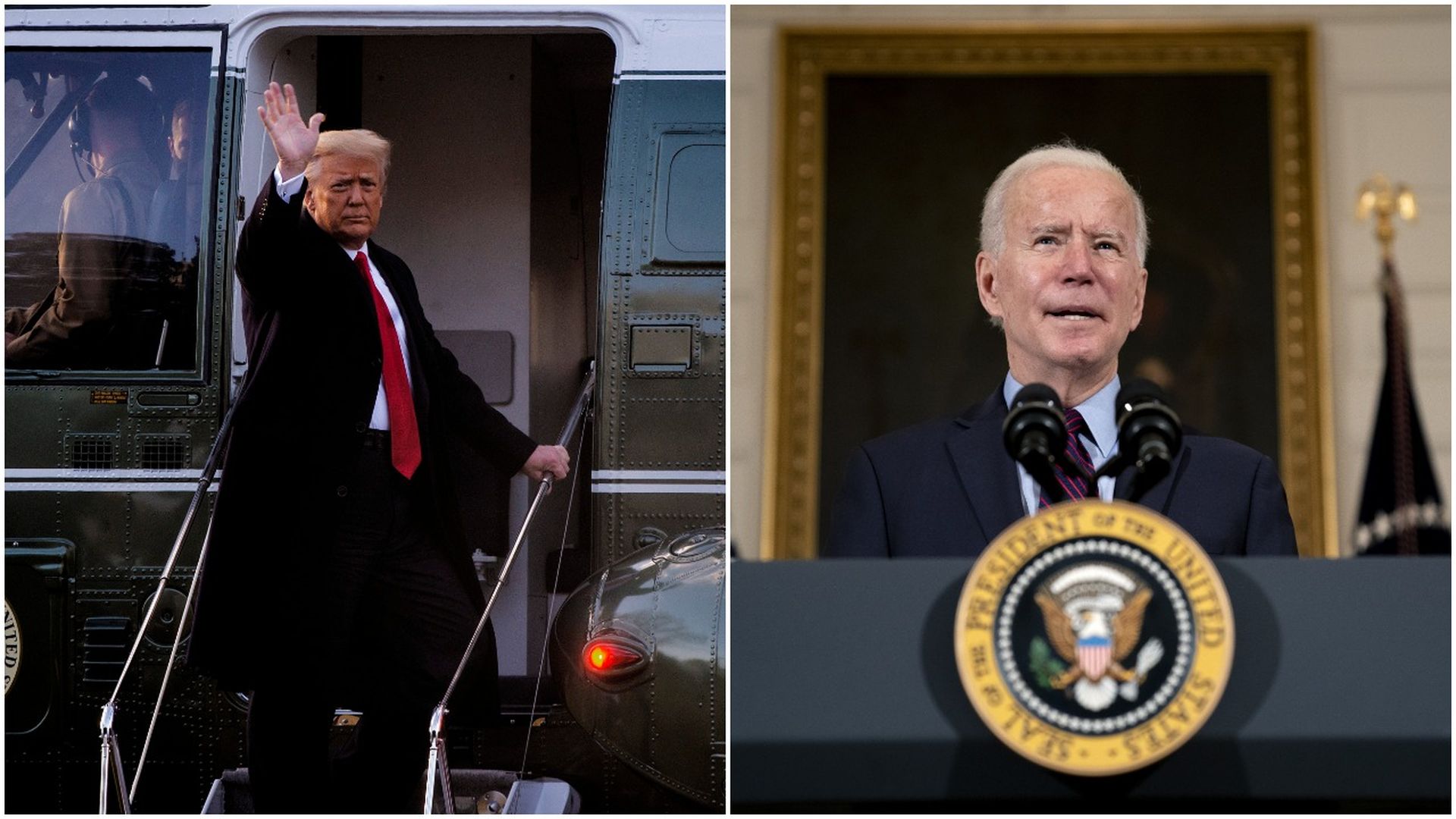 Photo of Donald Trump waving on the left and Joe Biden speaking behind a podium on the right