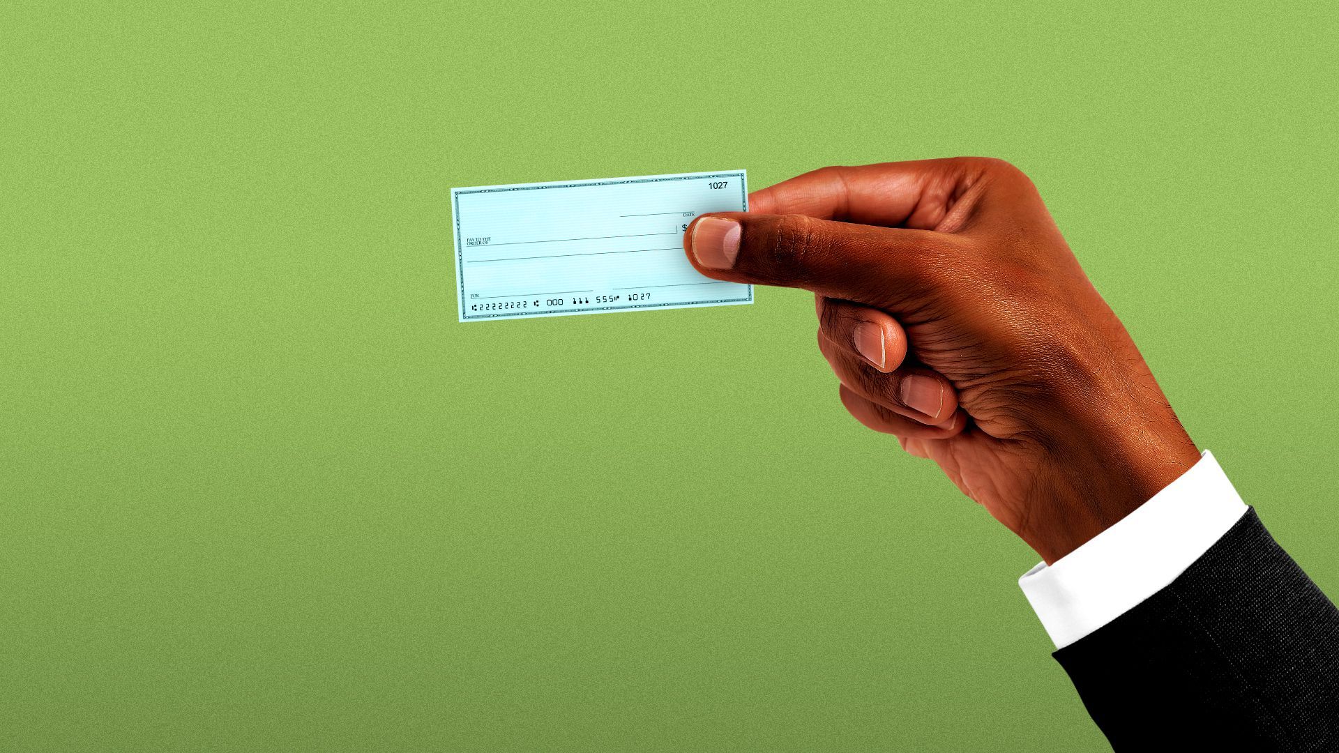 Illustration of a hand holding a tiny check.  
