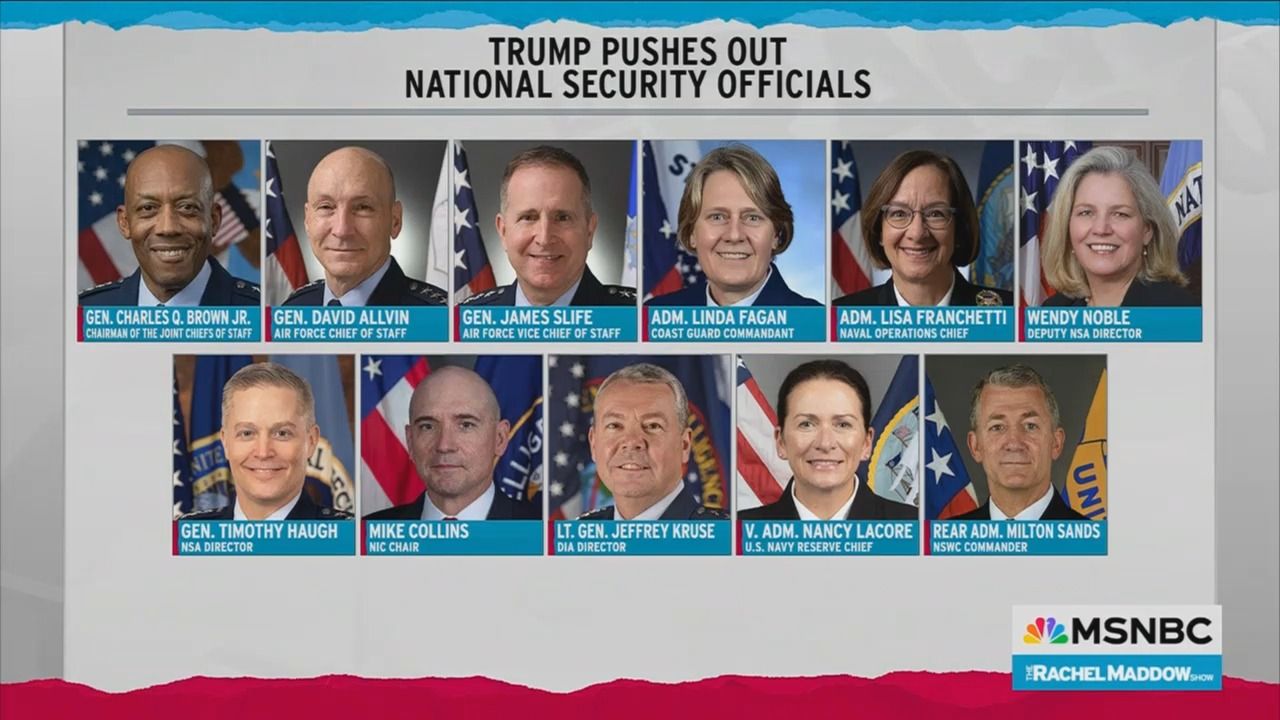 Grid of photos of 11 U.S. national security officials with titles; headline reads "Trump pushes out national security officials" on MSNBC's "The Rachel Maddow Show".