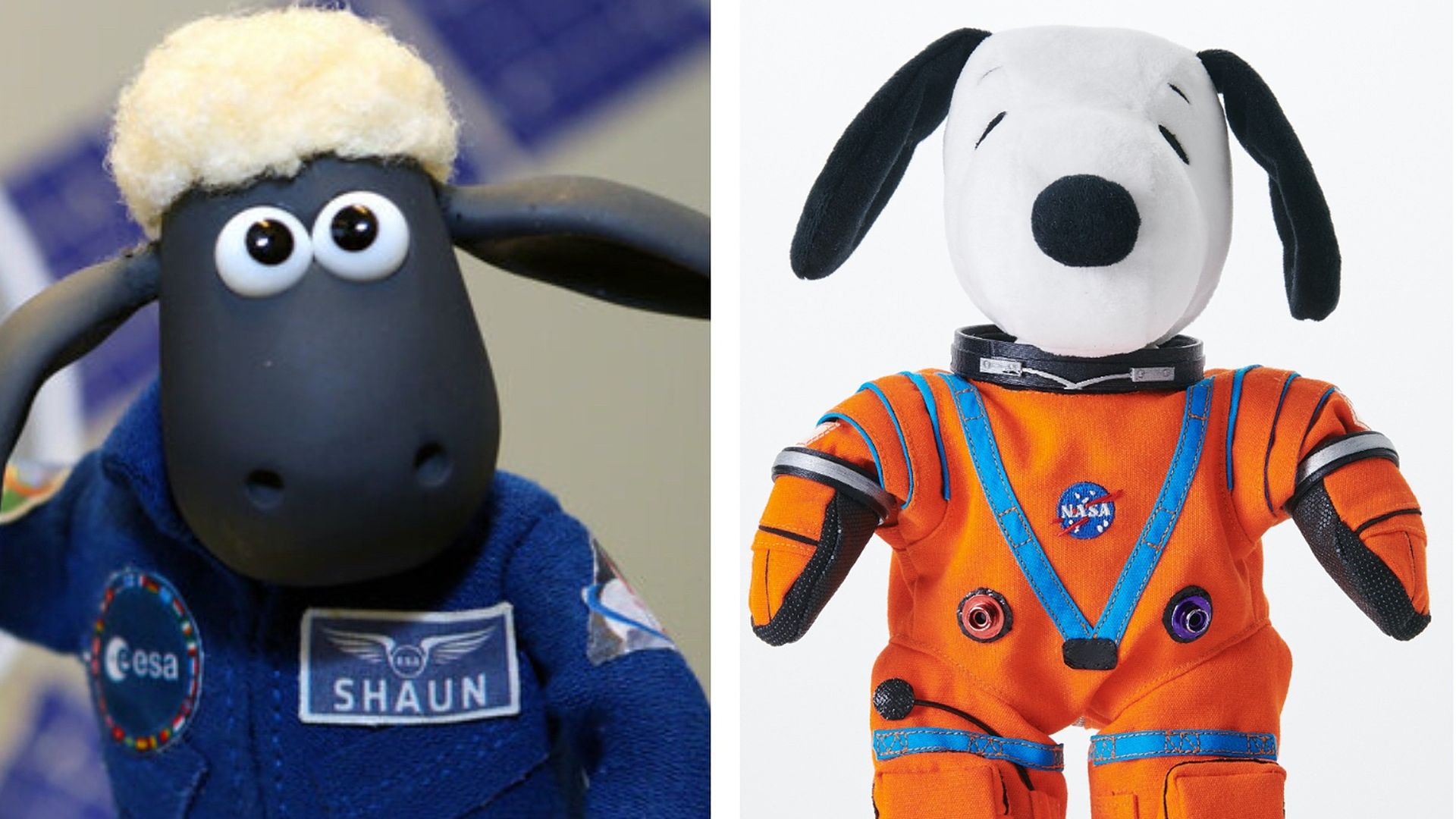Combination images of toys of kids' characters Shaun the Sheep and Snoopy.