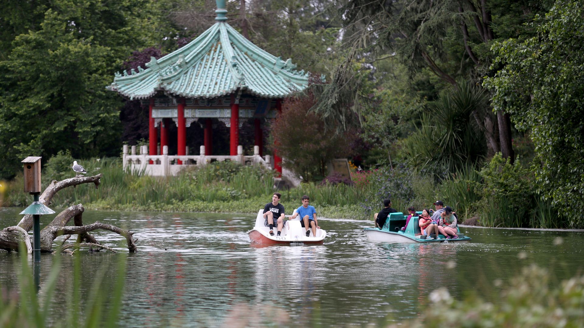 Photo of two boats paddling along the lake against the backdrop of a red pavilion