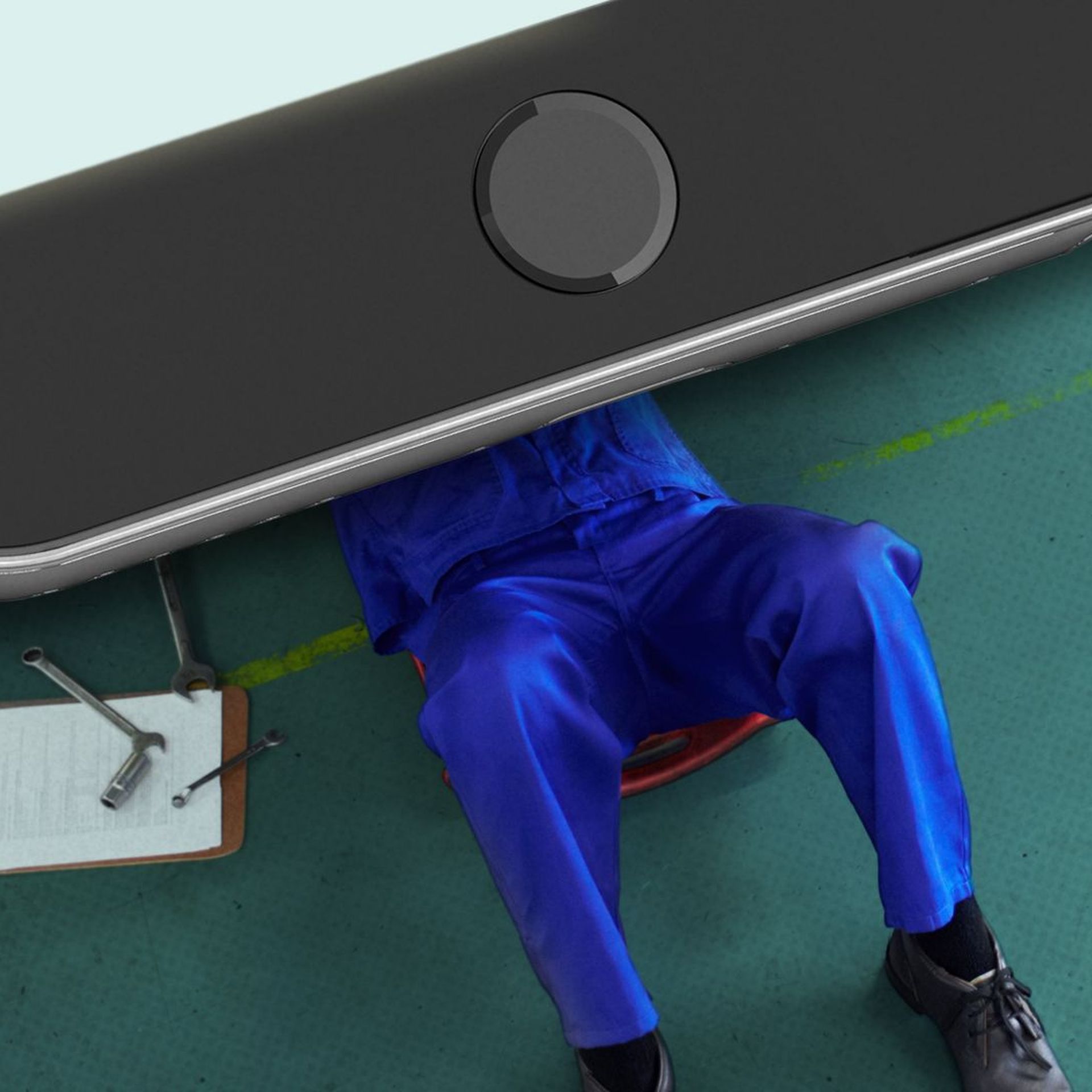 An illustration of a person working under a large iPhone the size of a car.