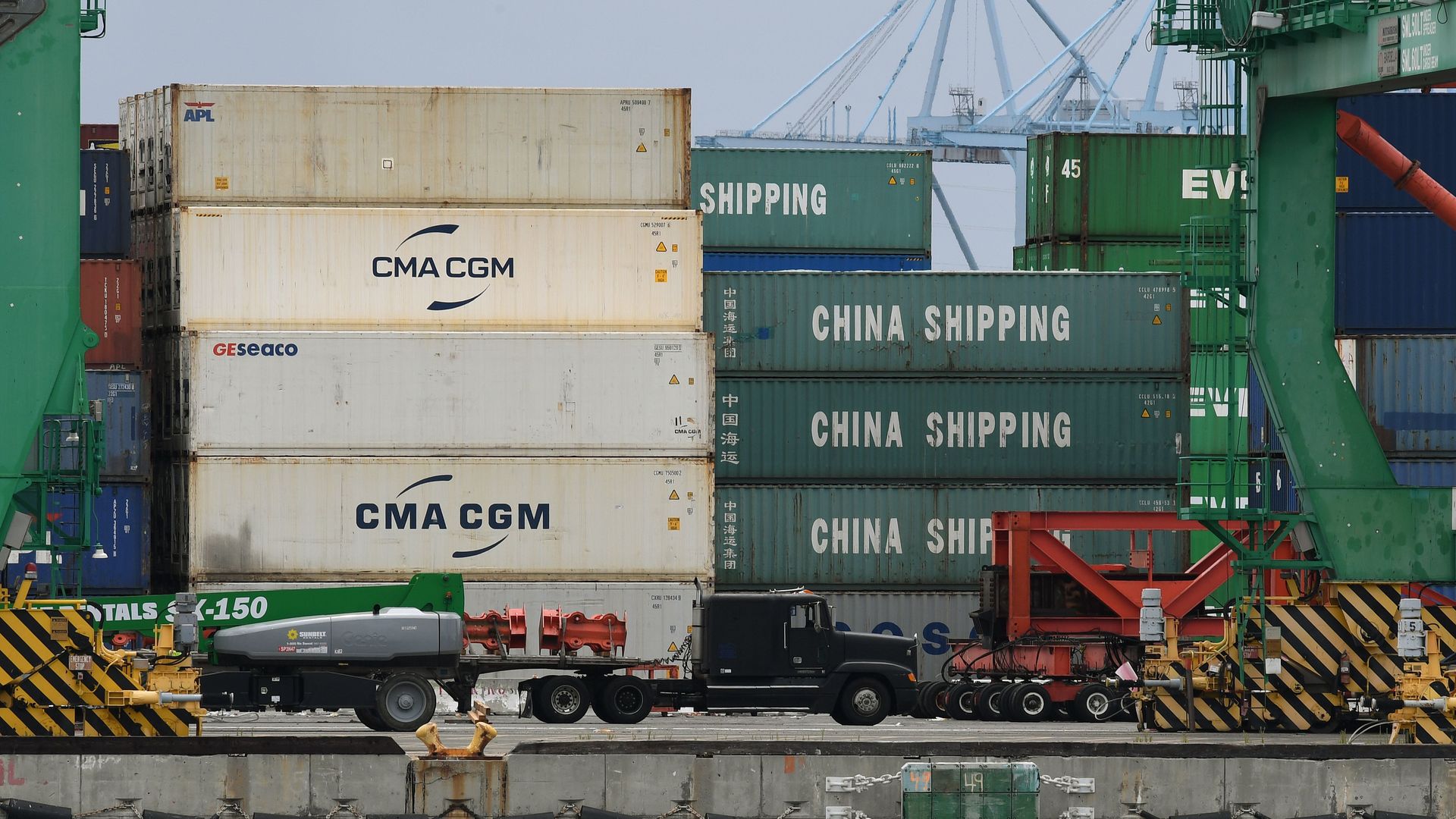 A cargo ship in a port in Long Beach, California