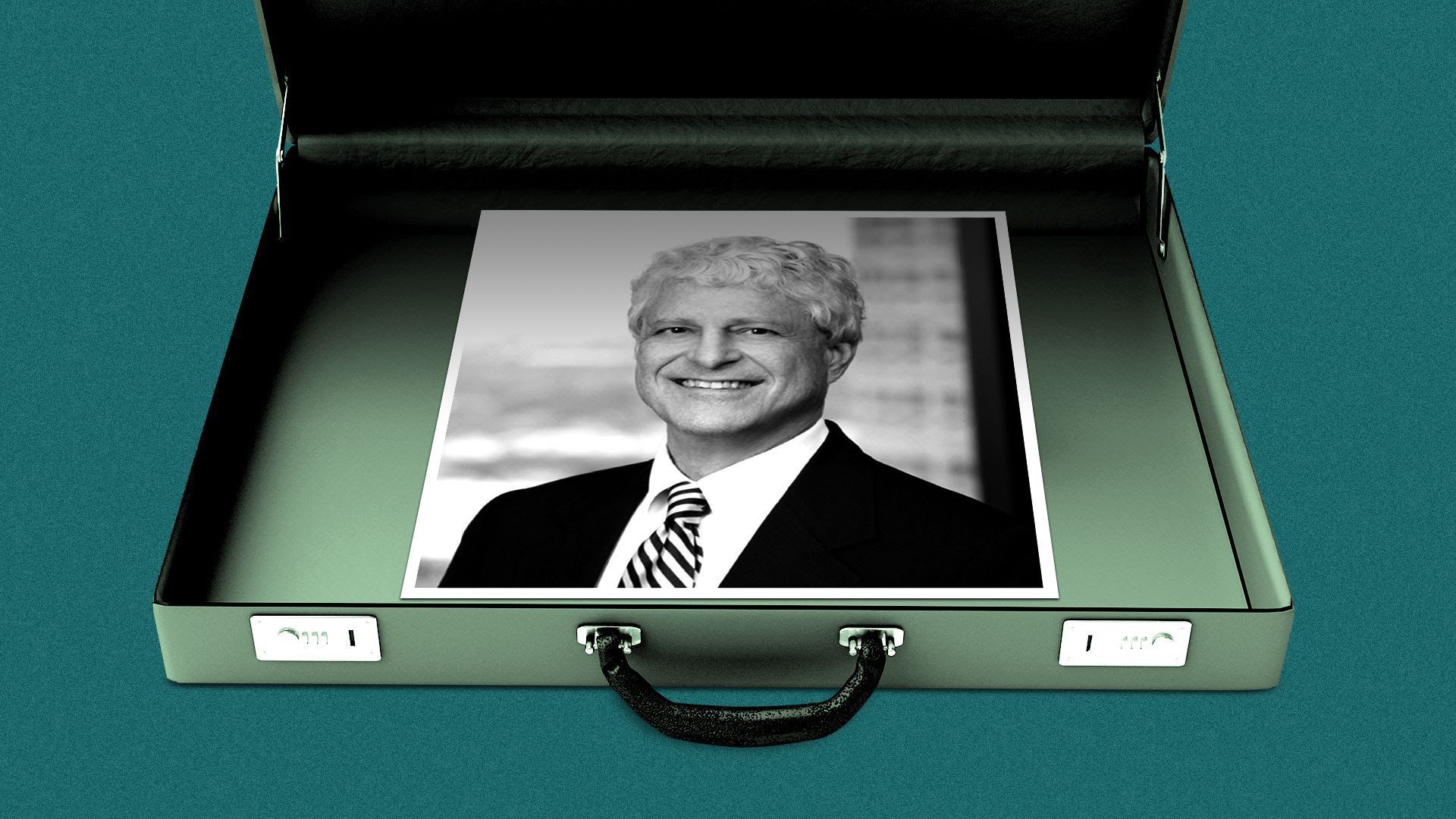 Headshot of Gregory Yadley inside of an illustration of a briefcase