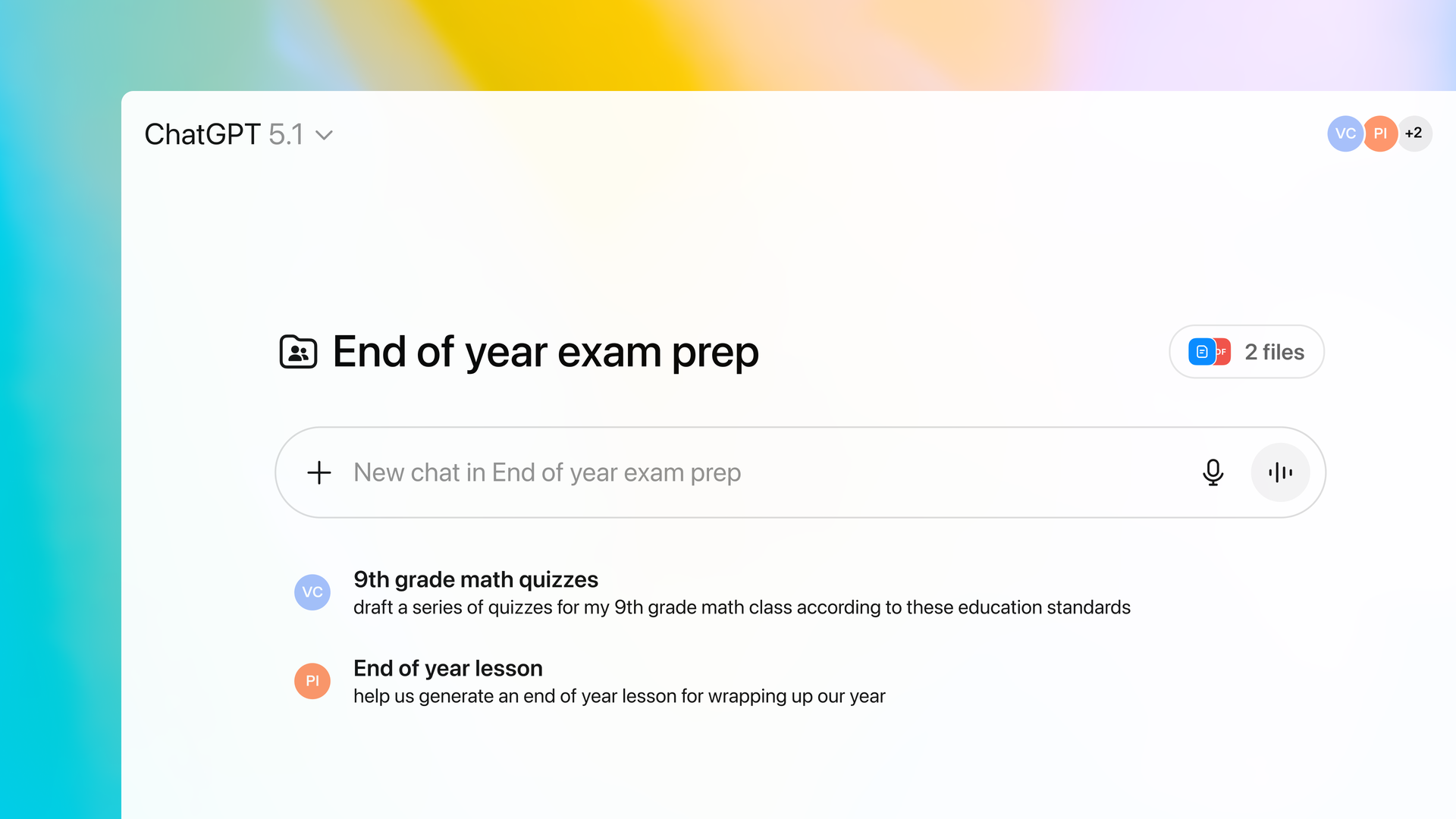ChatGPT for teachers screen that says "End of year exam prep" above a chat window