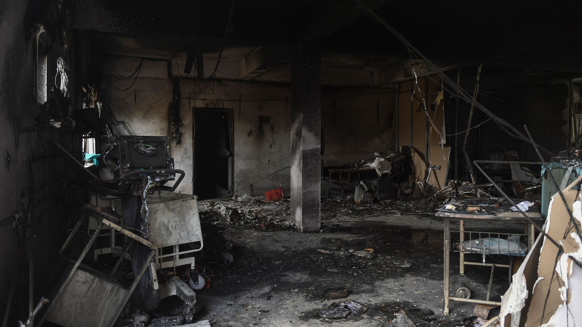 Charred medical equipment inside a ward of the Patel Welfare Covid Hospital in Bharuch on May 1.
