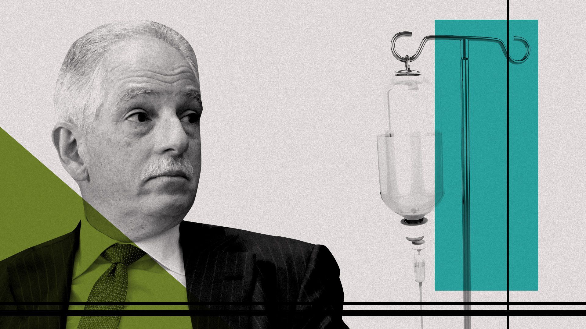 Photo illustration of Steven Corwin next to an IV drip. 