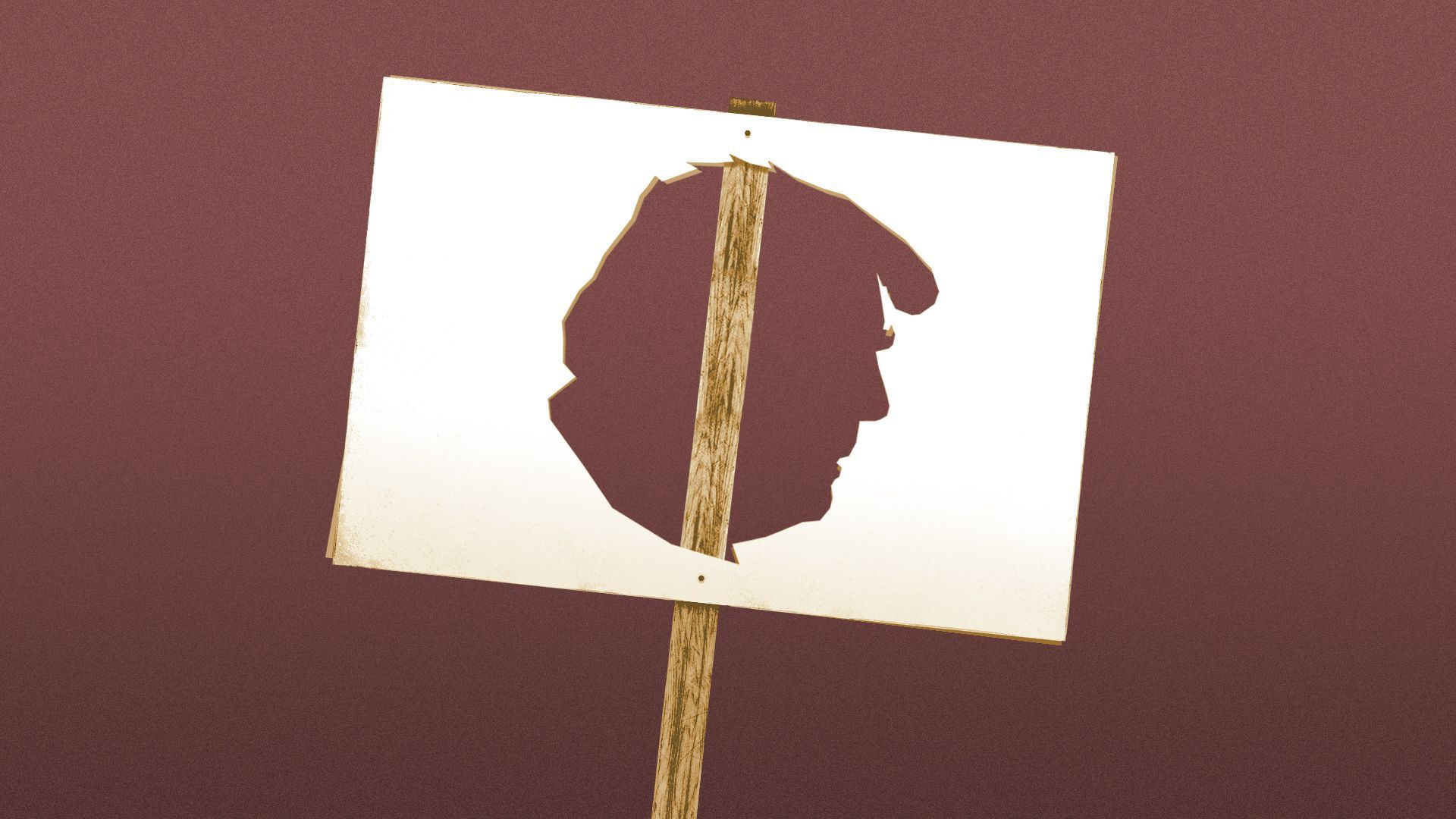 Photo illustration of a picket sign with a hole shaped like Donald Trump.