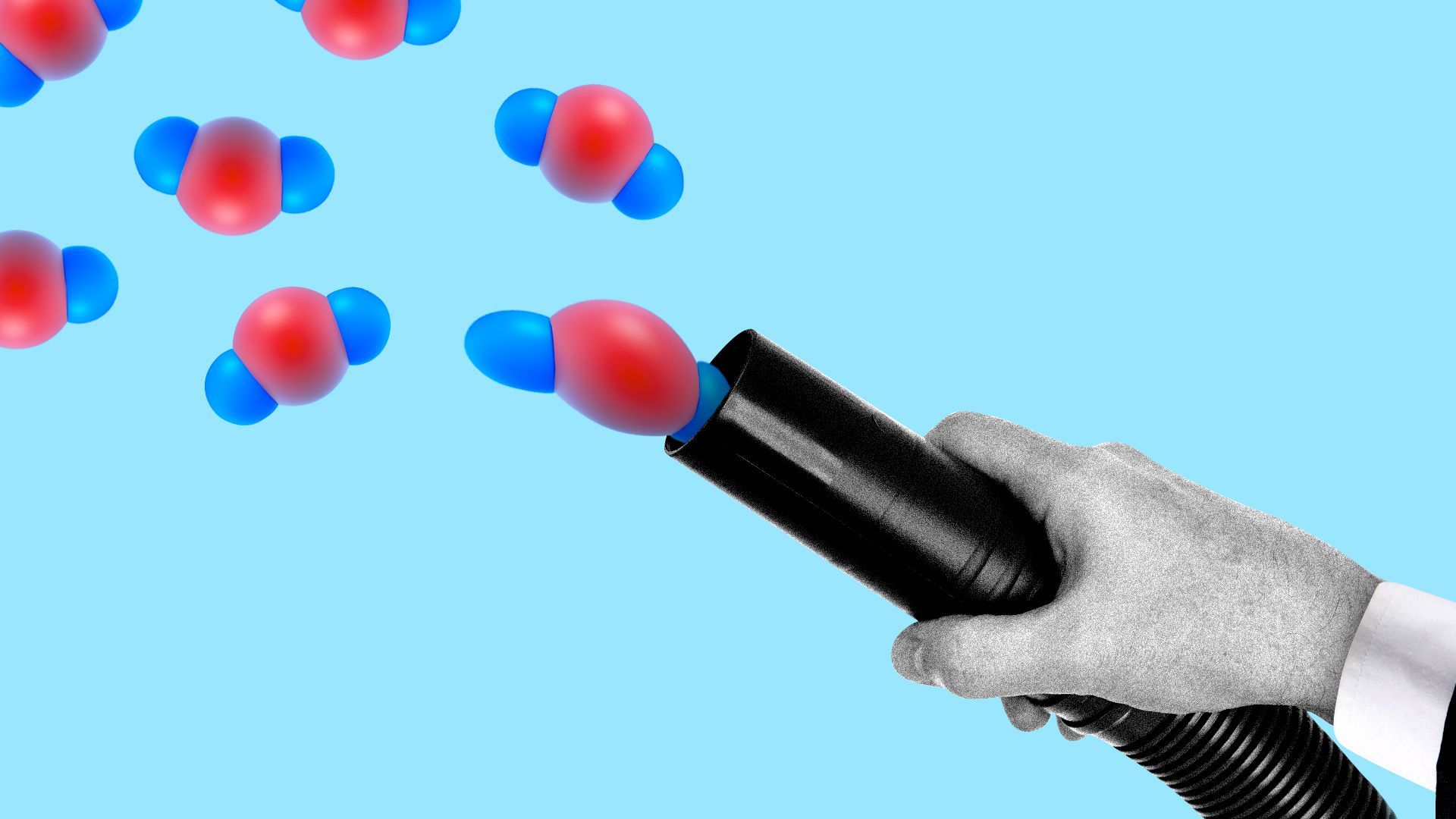 Illustration of a hand holding a vacuum, sucking carbon dioxide molecules out of the air.  