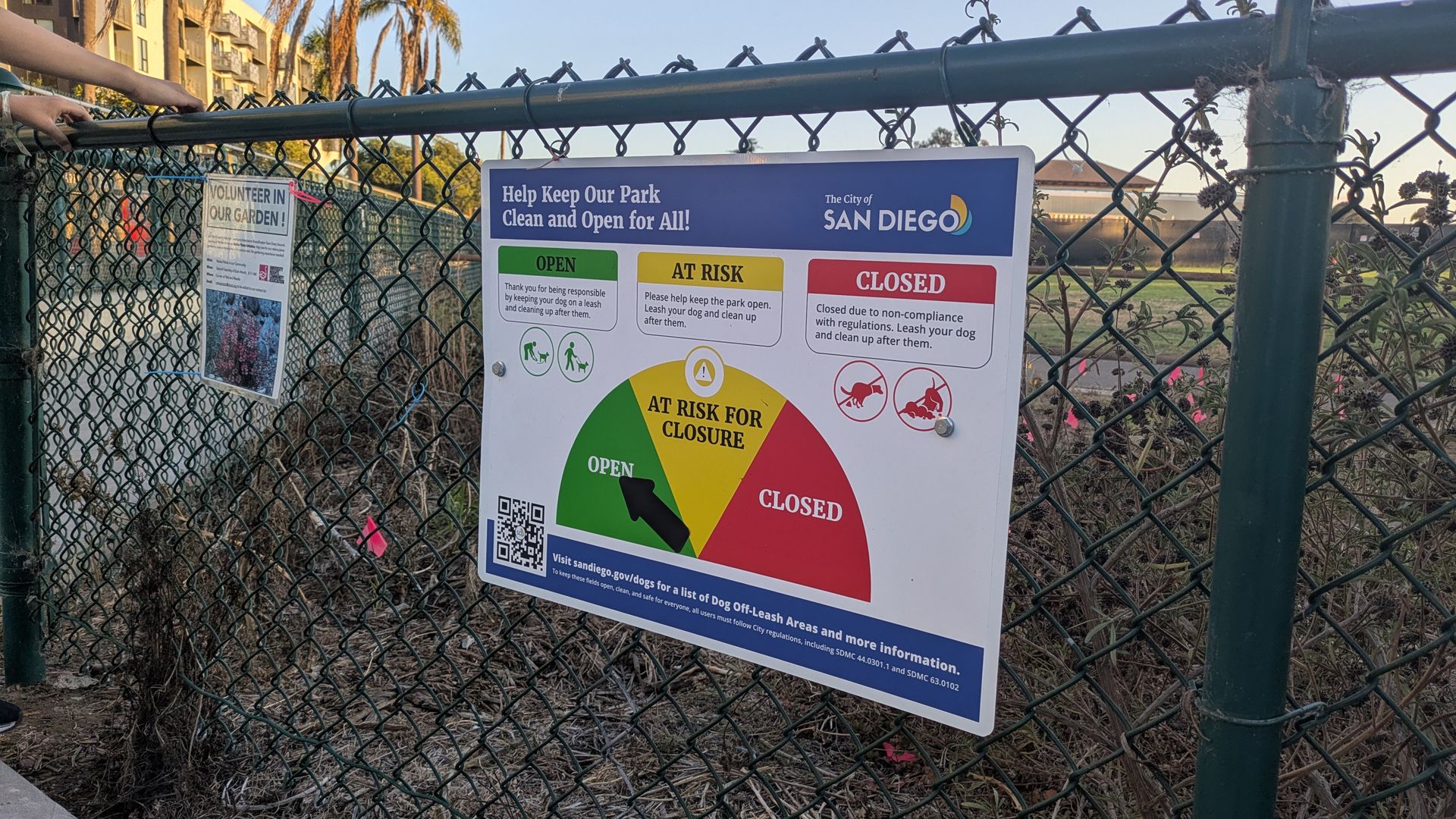 Chain-link fence with a large San Diego park sign reading Help Keep Our Park Clean and Open for All! Colorful sections; a person's arm on the fence; palm trees and buildings in the background.