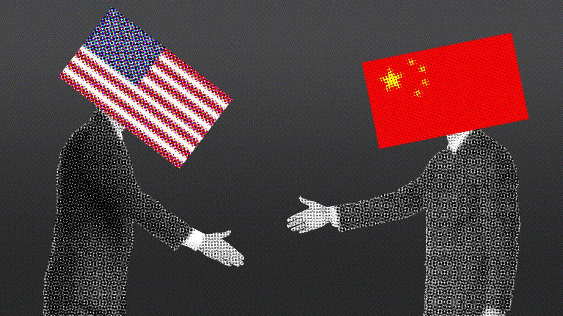 Illustration of two people about to shake hands and their heads have been replaced by the flag of the United States and the flag of China.