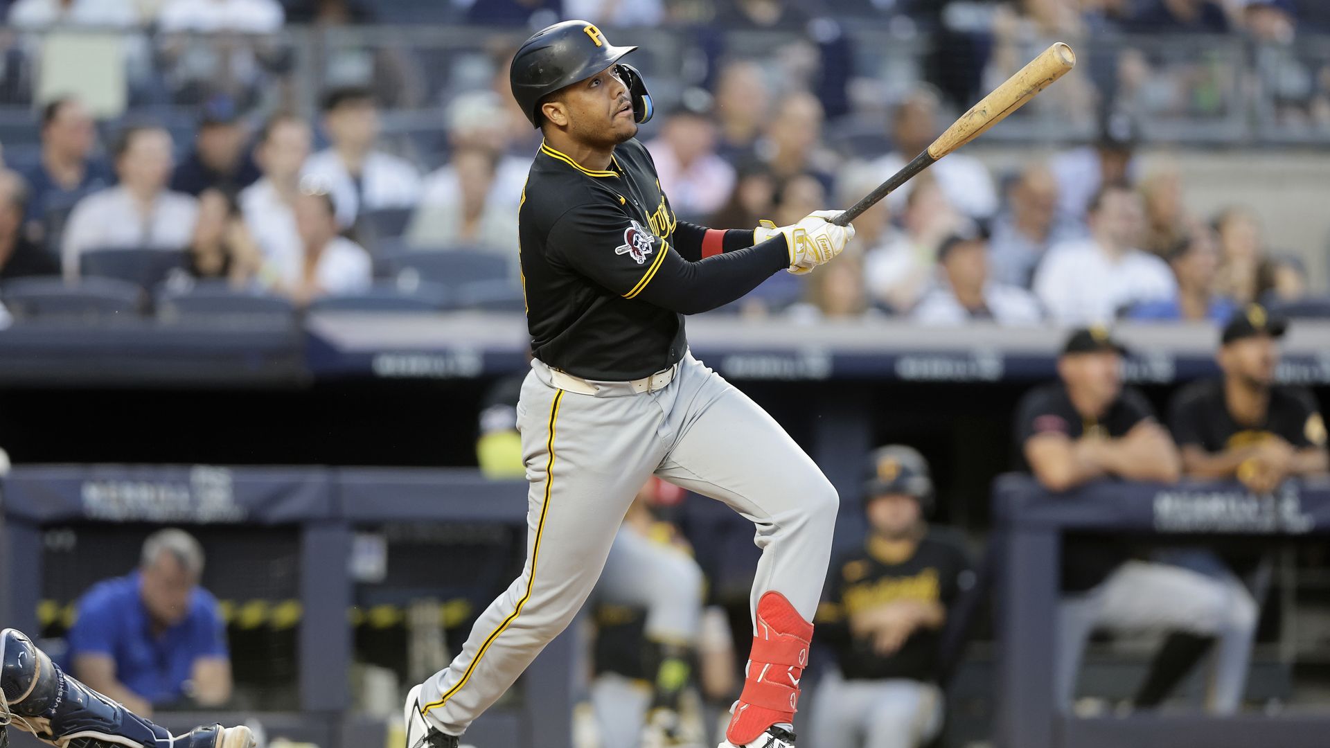 Esmerlyn Valdez #55 of the Pittsburgh Pirates follows through on his third inning two-run home run against the New York Yankees at Yankee Stadium on July 20, 2026 in New York City. (Photo by Jim McIsaac/Getty Images)