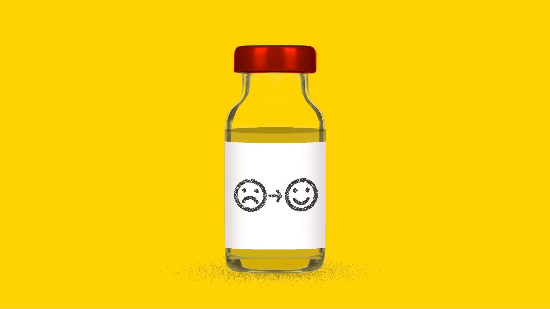 Illustration of bottle of antidepressant drug Ketamine with a sad face turning into a happy face.