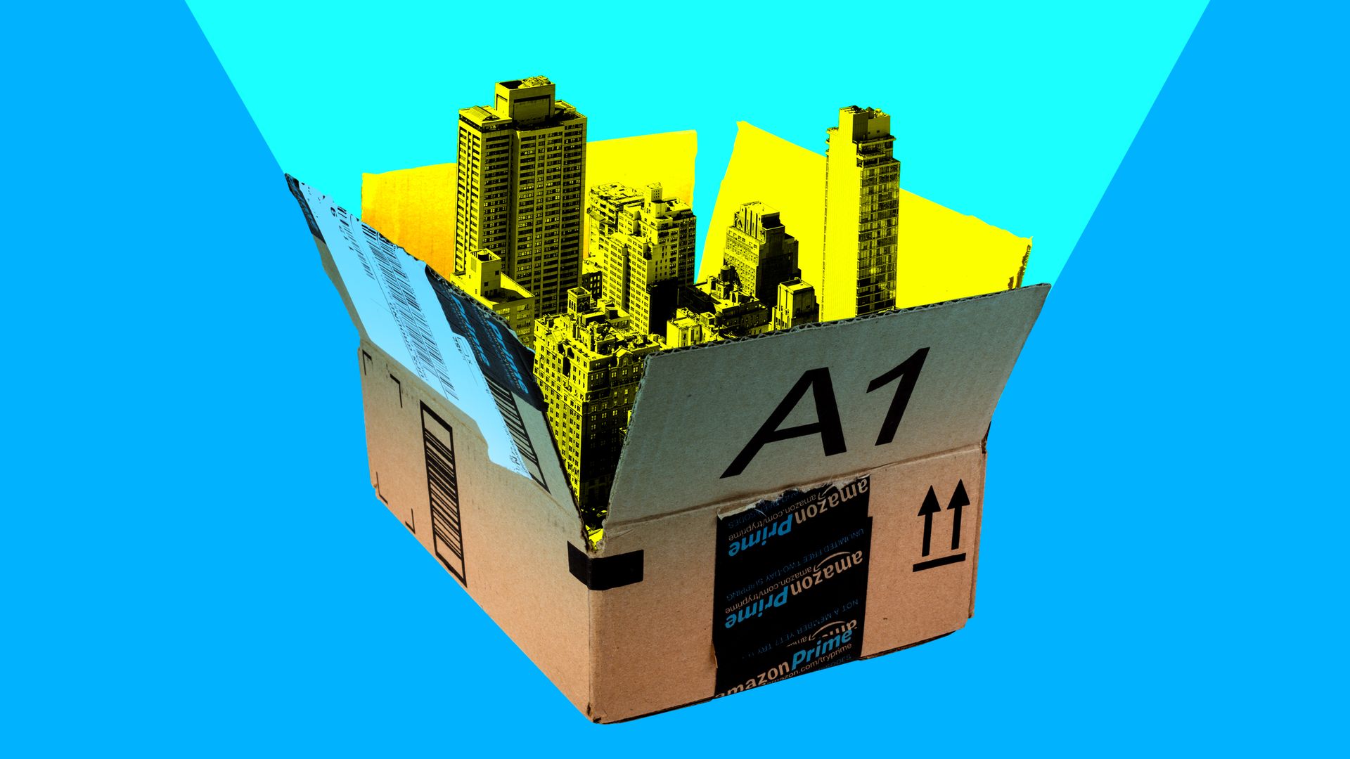In this illustration, New York city skyscrapers peek out of an open Amazon box