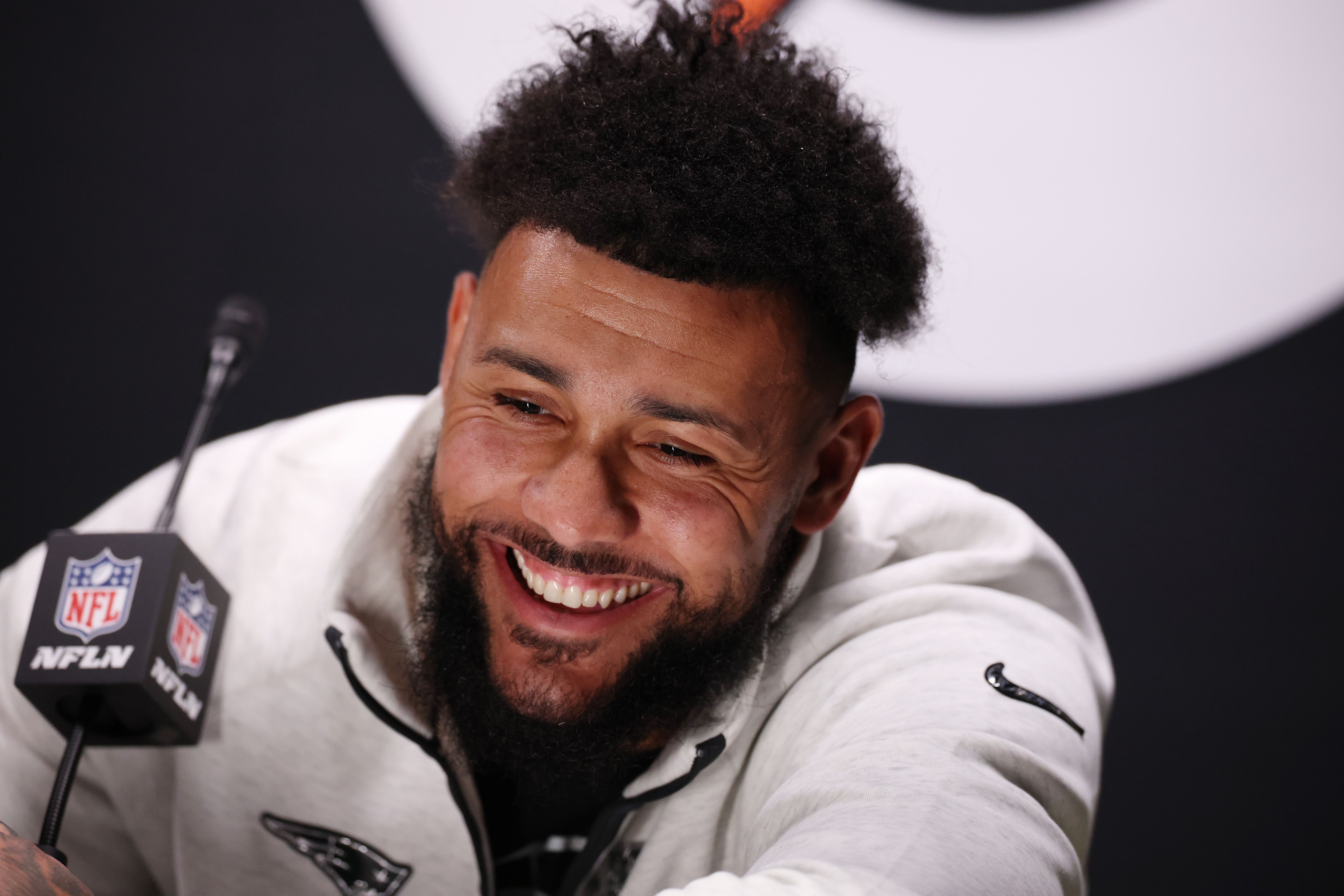 Harold Landry III #2 of the New England Patriots speaks to the media during Super Bowl LX Opening Night at San Jose McEnery Convention Center on February 02, 2026 in San Jose, California. (Photo by Chris Graythen/Getty Images)