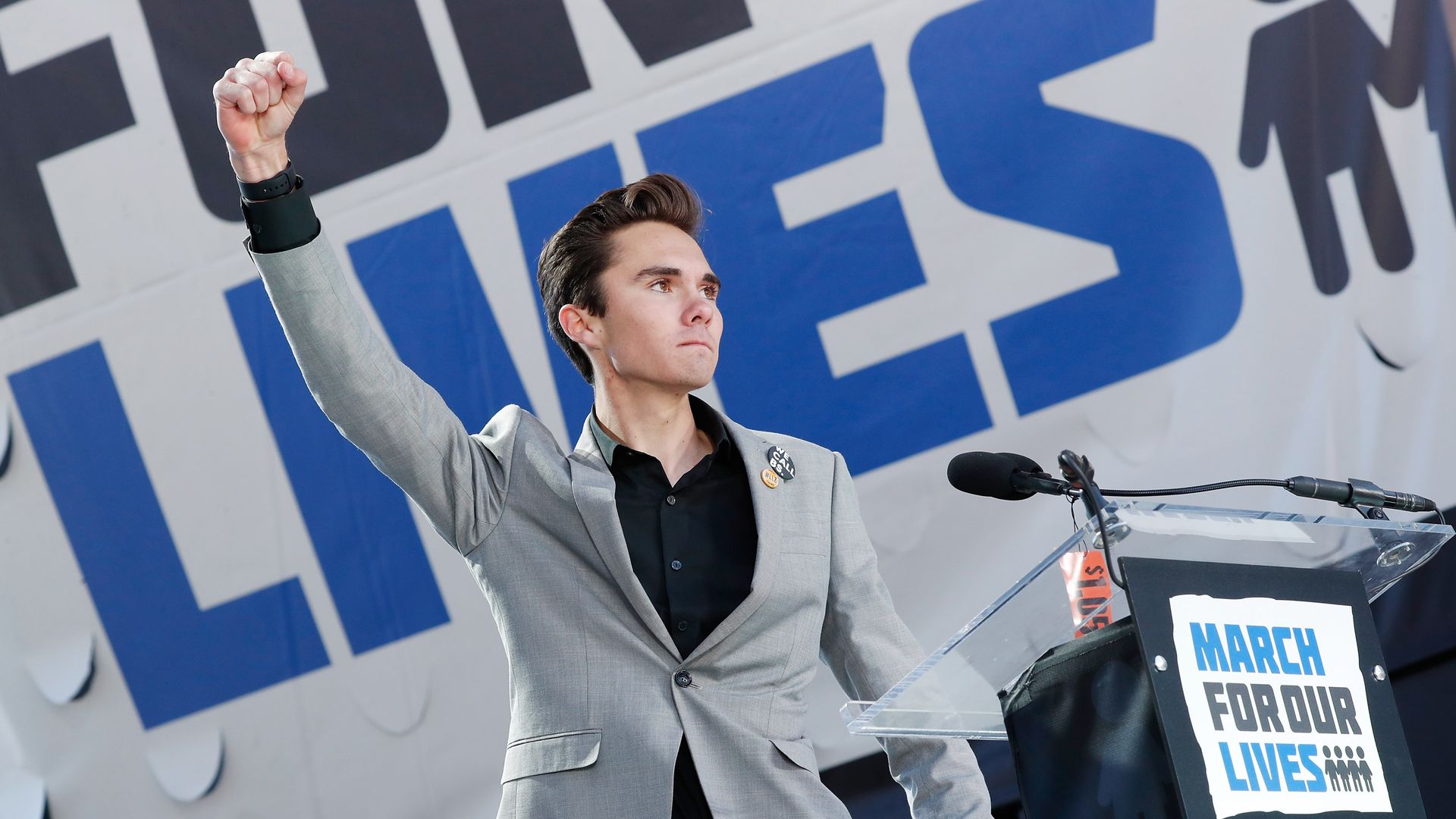 David Hogg raises his fist
