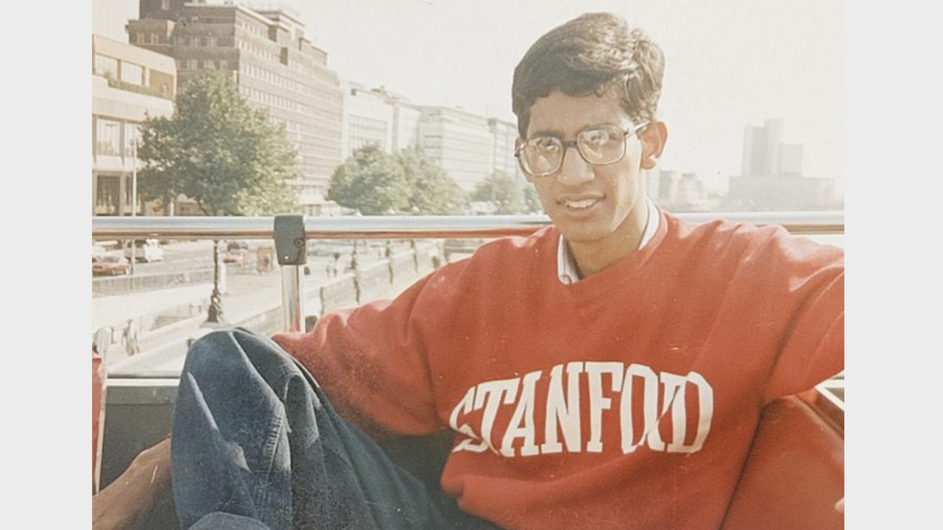 A young Sundar Pichai, wearing a Stanford sweatshirt.