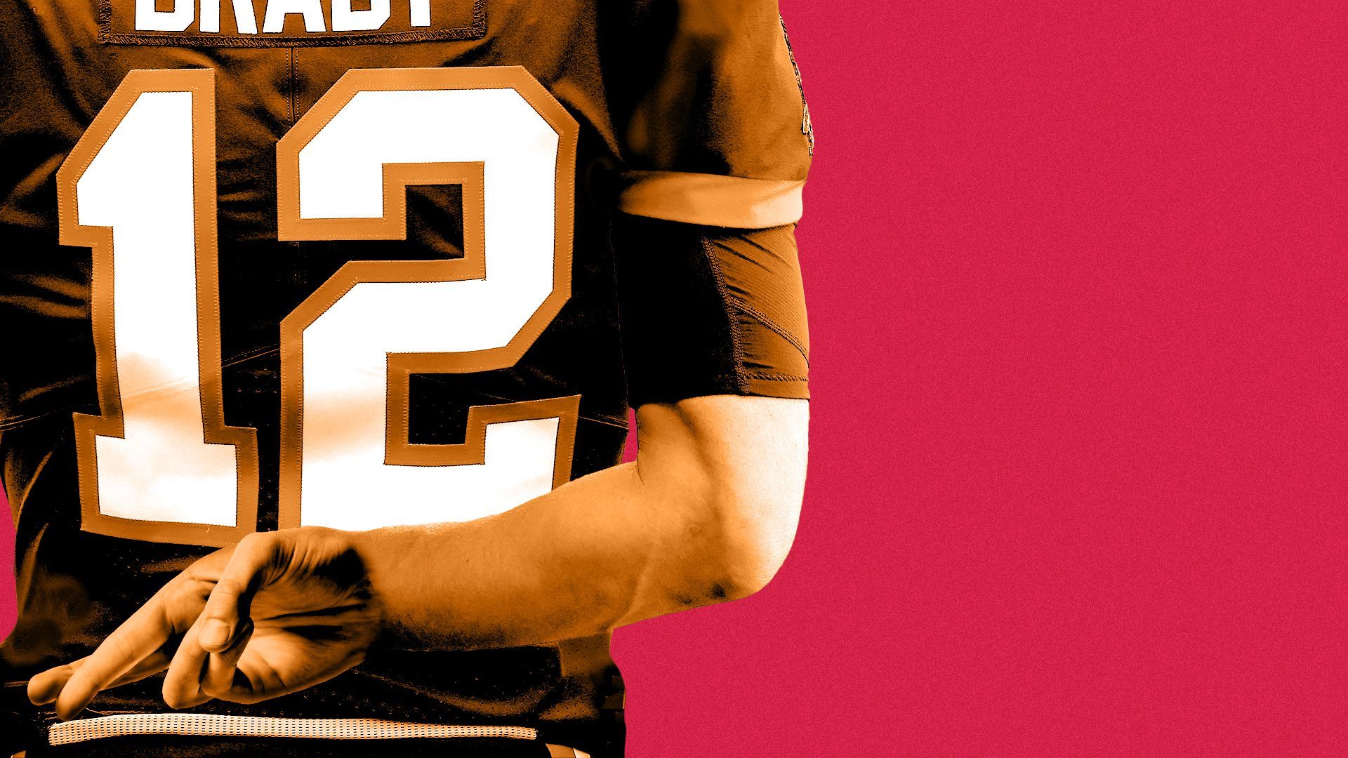 Photo illustration of Tom Brady's back, with his hand behind his back, crossing his fingers.