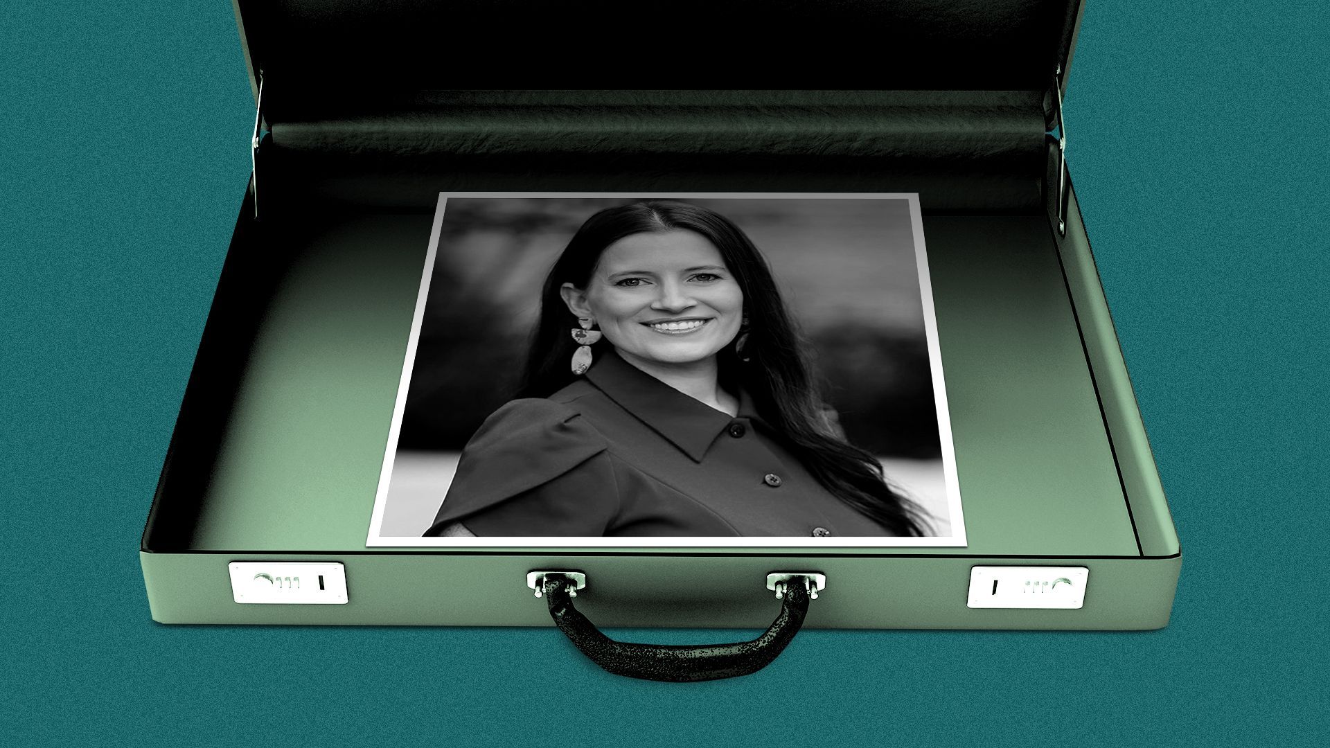 Photo illustration of a briefcase with a photo of Candice Rezvanian inside.