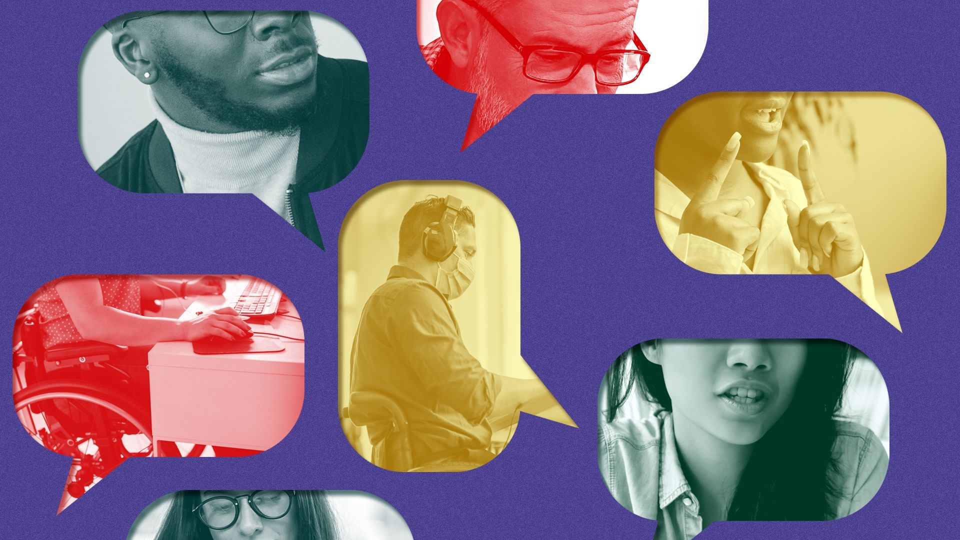 Illustration of individuals using various forms of communication within speech bubbles