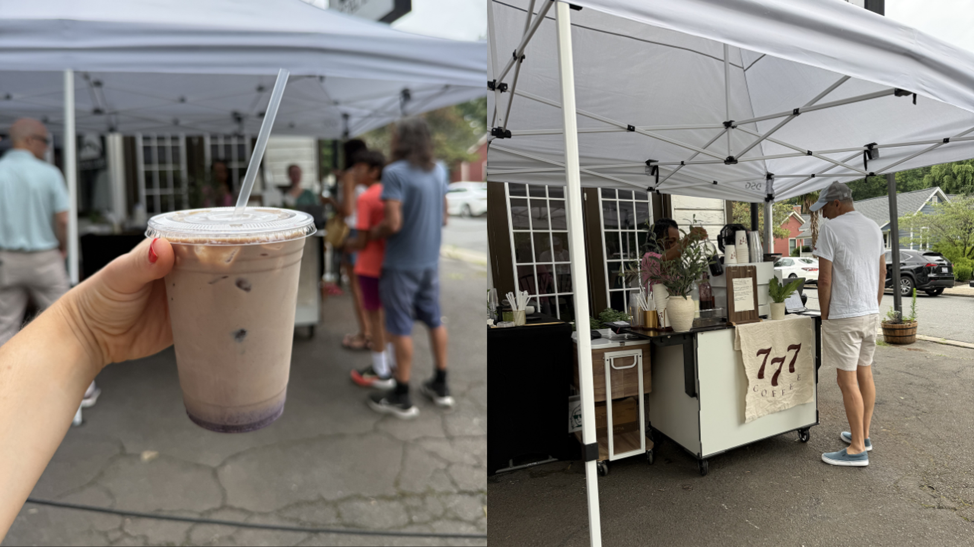 Hand holds an iced coffee with a purple bottom under a white canopy; market scene with people in the background and a stand labeled "77 Coffee" with a man in a white shirt.