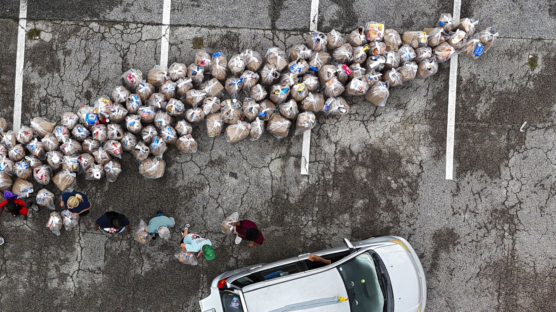 Several people work a food distribution event as bags of food are lined up in a parking lot near a silver car. 