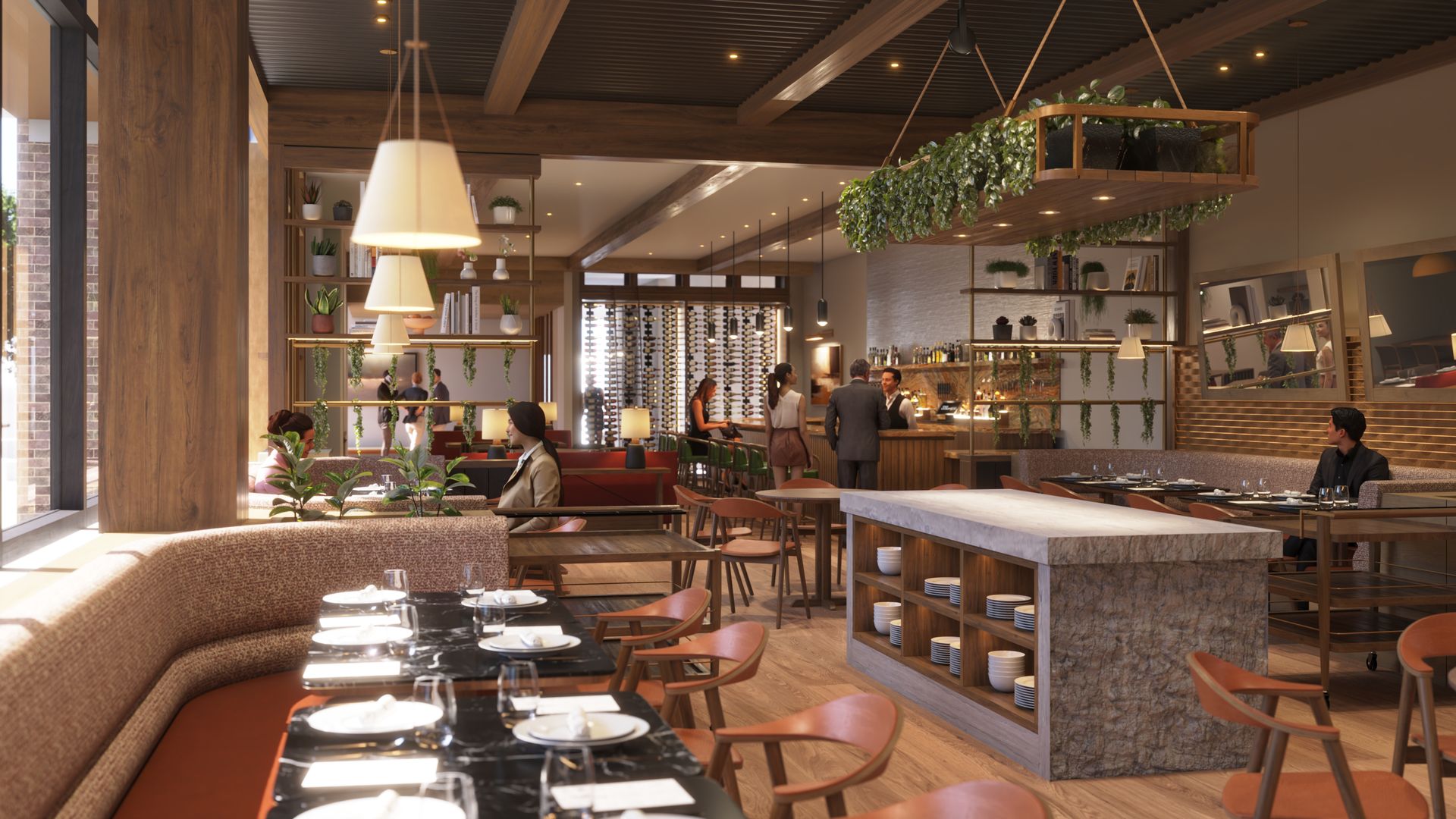 Chic modern restaurant with wood and plant decor, set tables, cozy booths, and people chatting near the bar and lounge area.