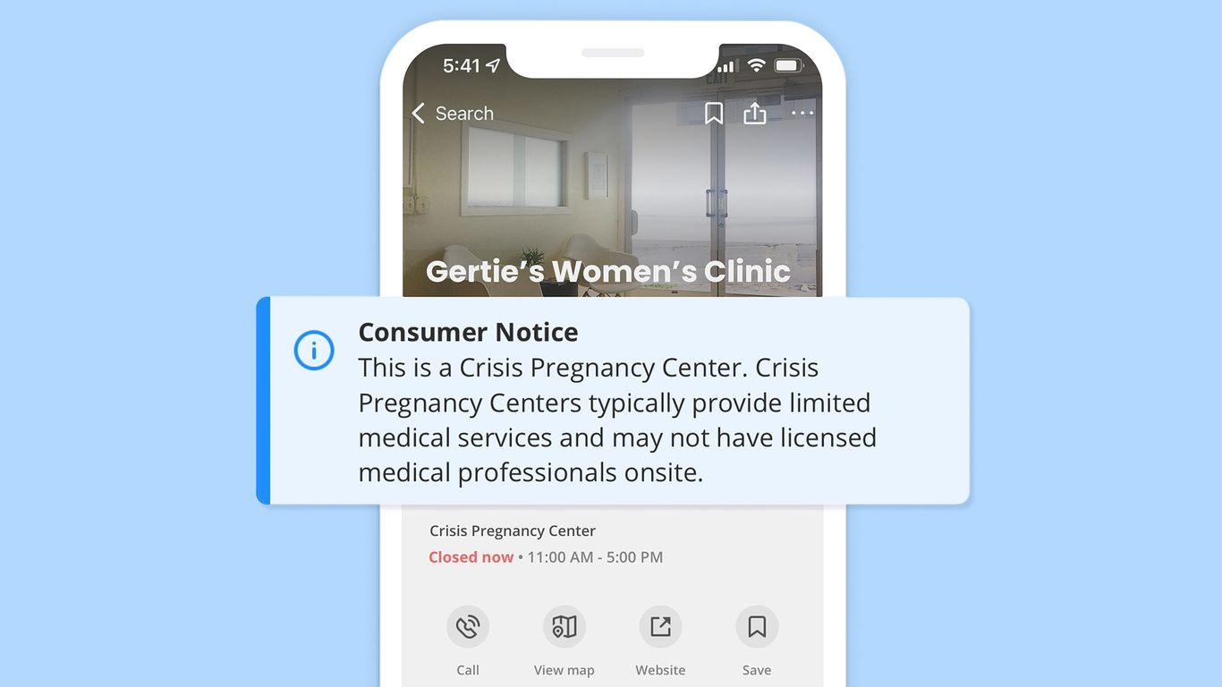 Yelp will add a note on crisis pregnancy center pages to distinguish them from clinics with abortion services, amid pressure on Google to clarify search results (Ina Fried/Axios)