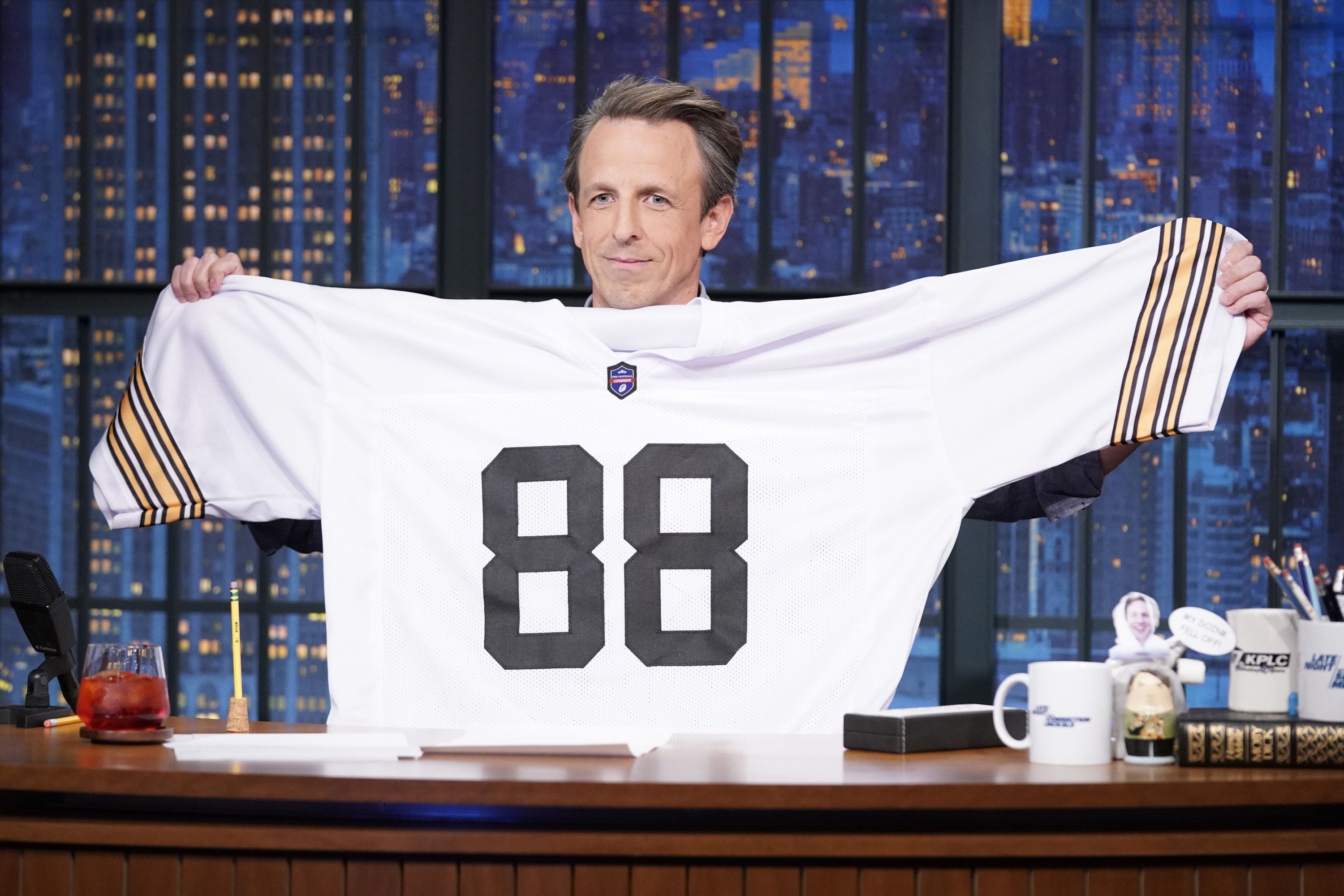 Week of January 8, 2024" Episode 1469 -- Pictured: Host Seth Meyers during "Corrections" on January 11, 2024 -- (Photo by: Lloyd Bishop/NBC via Getty Images)