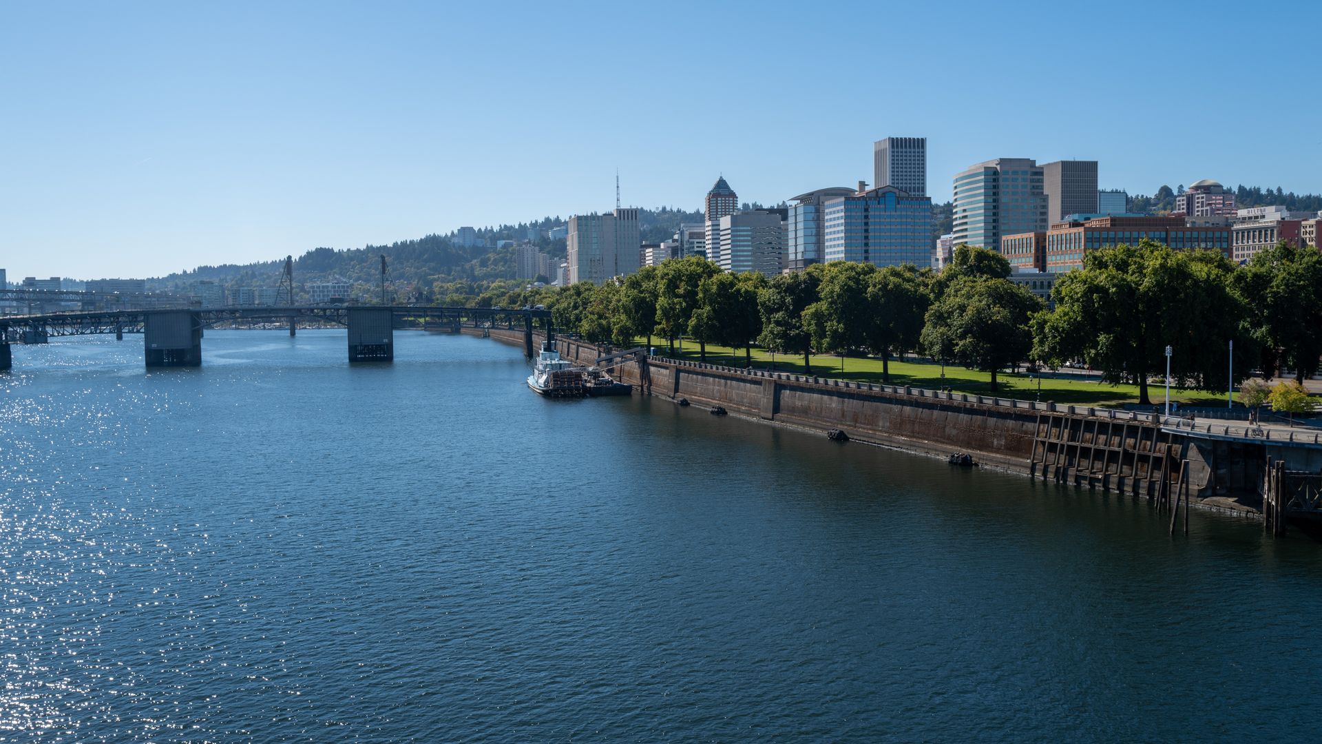 Panoramic city skyline along a river with a bridge on the left, modern glass buildings in the center, and a tree-lined promenade in the foreground under a clear blue sky.