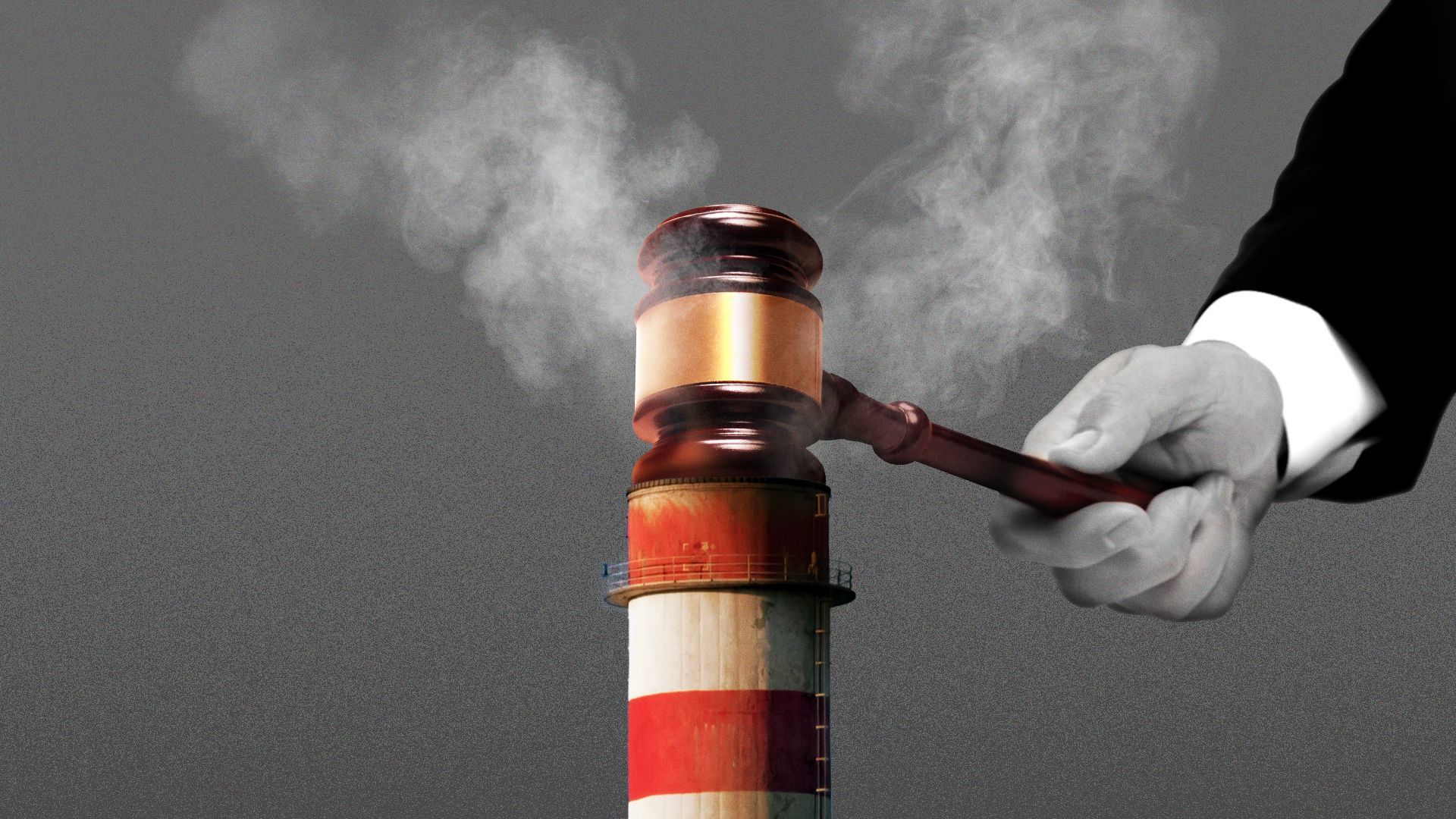 Illustration of a hand plugging a smokestack with a gavel.