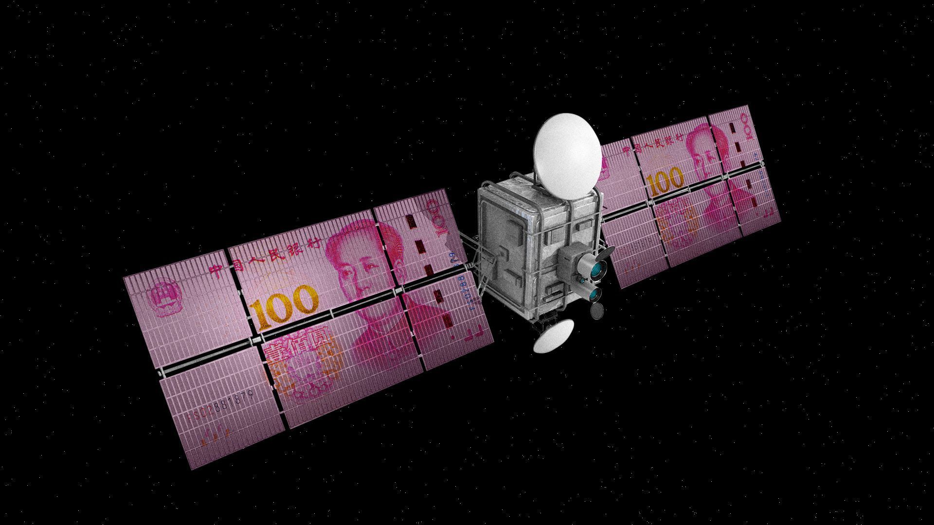 Illustration of a satellite with the Chinese currency on the panels