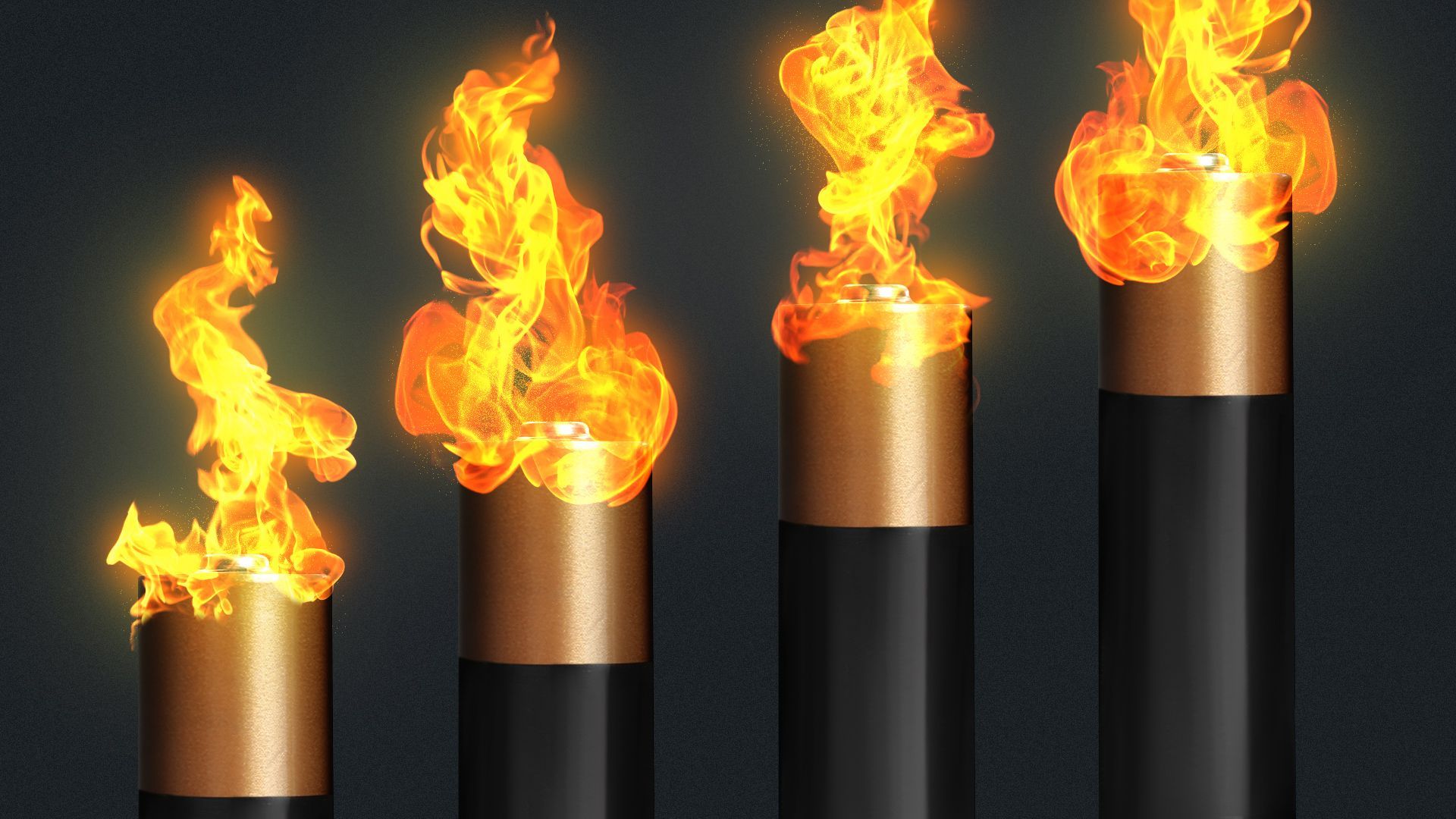 Illustration of a series of batteries on fire creating an upward bar chart. 