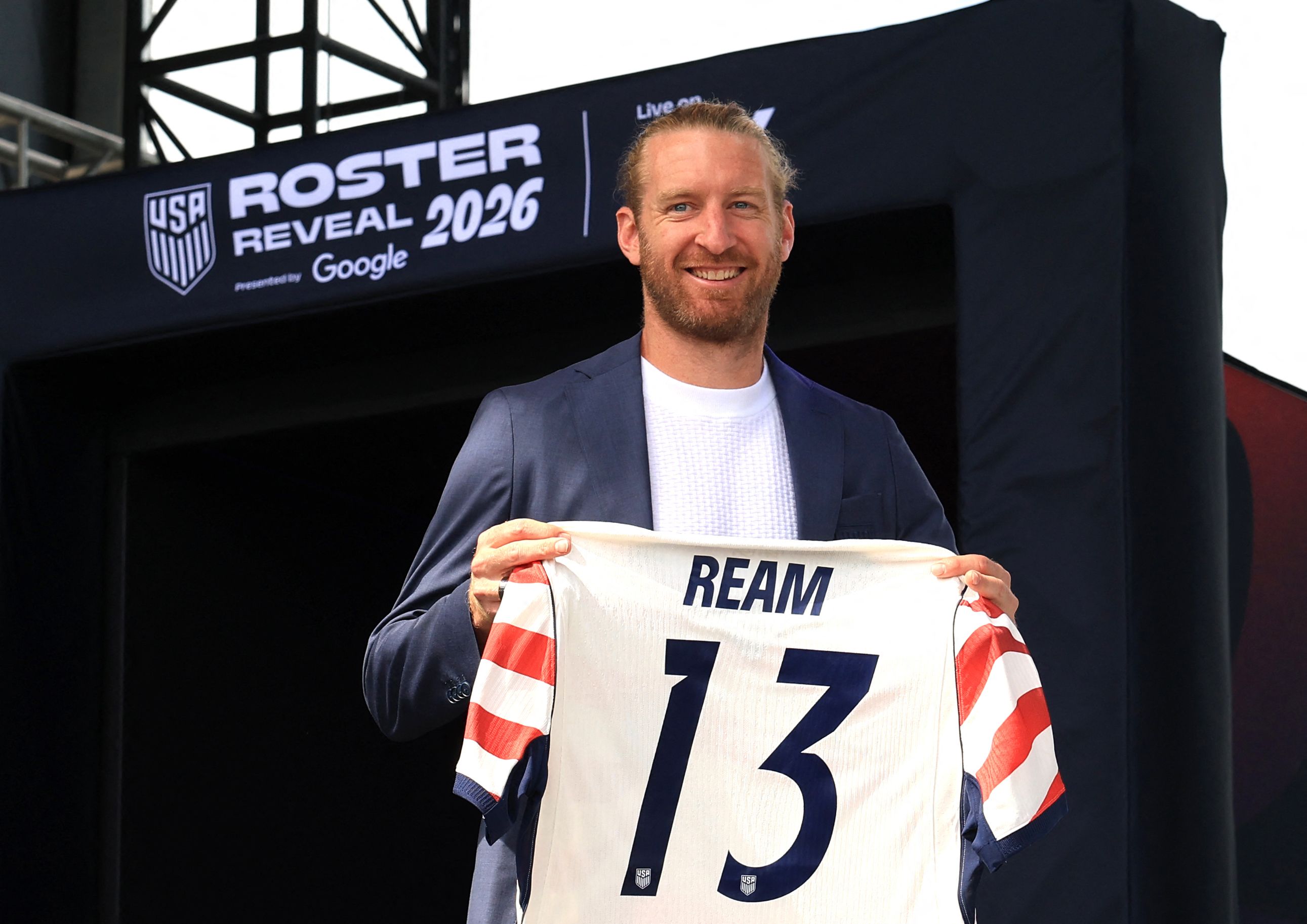 USA's defender Tim Ream poses with his jersey during the announcement of the The US Men's National Team's 2026 World Cup roster is announced in New York, on May 26, 2026. (Photo by TIMOTHY A. CLARY / AFP via Getty Images)