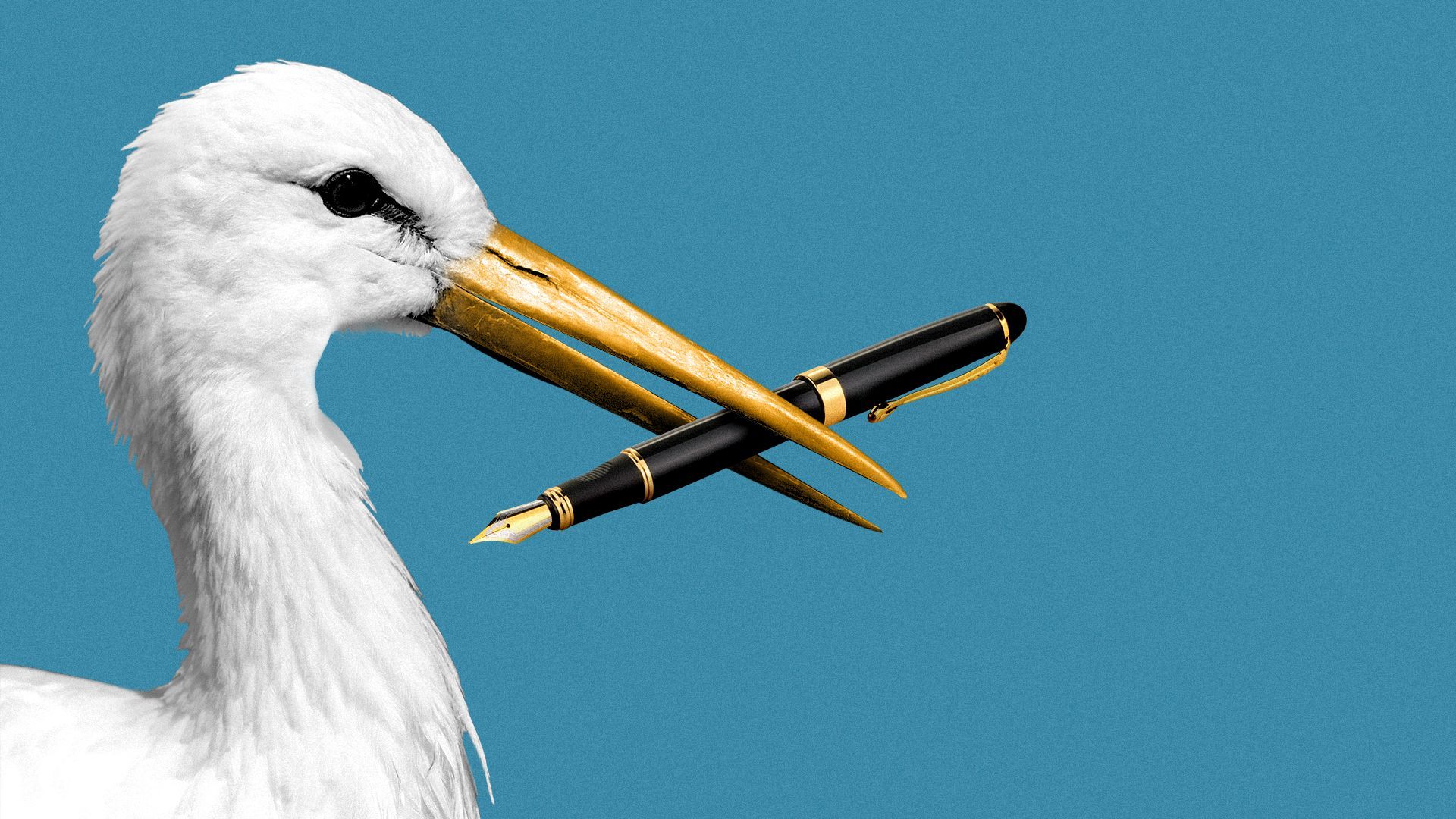 Illustration of a stork holding a fountain pen in its beak.
