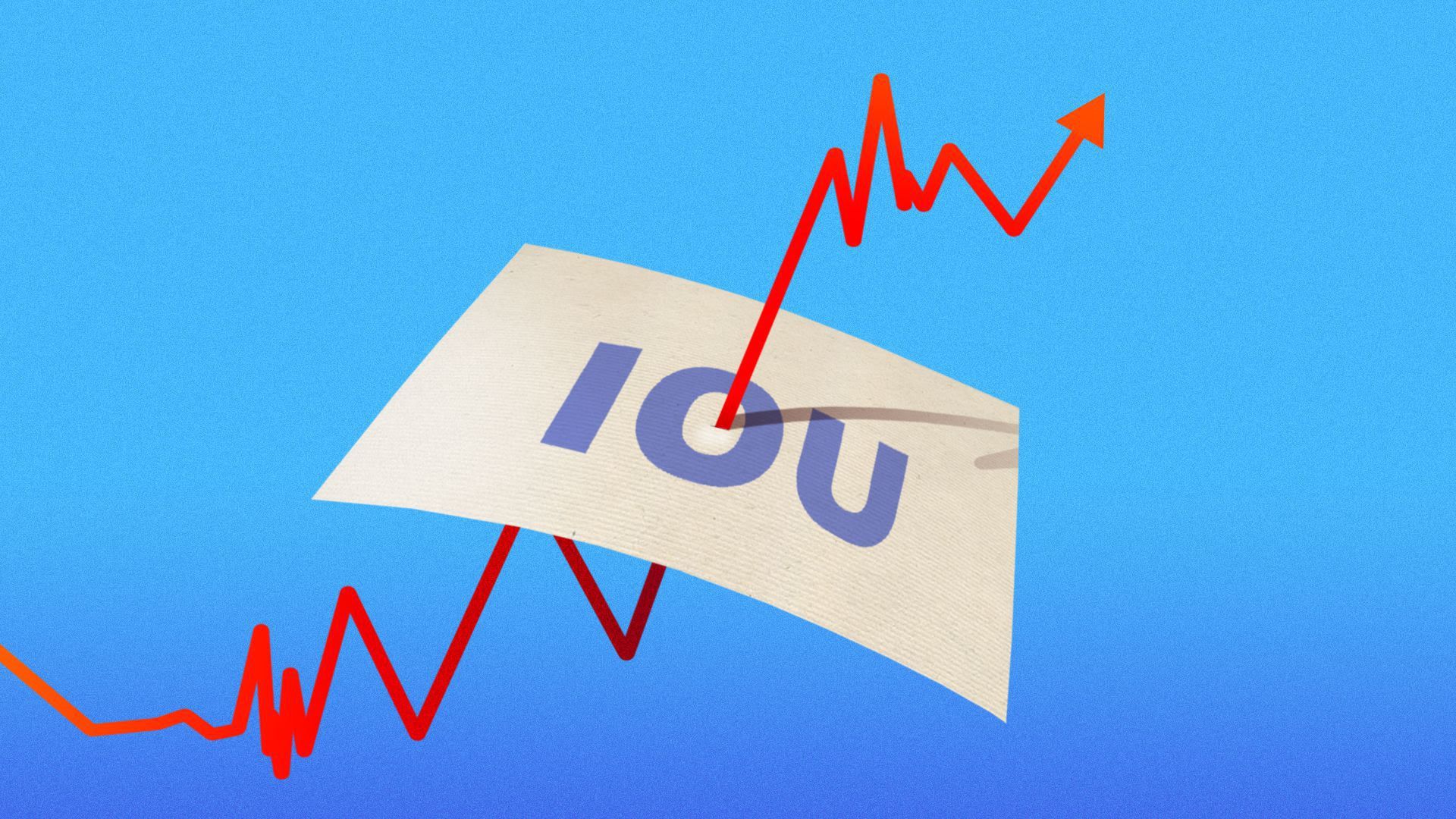 a chart arrow rising through a paper that says "i.o.u"