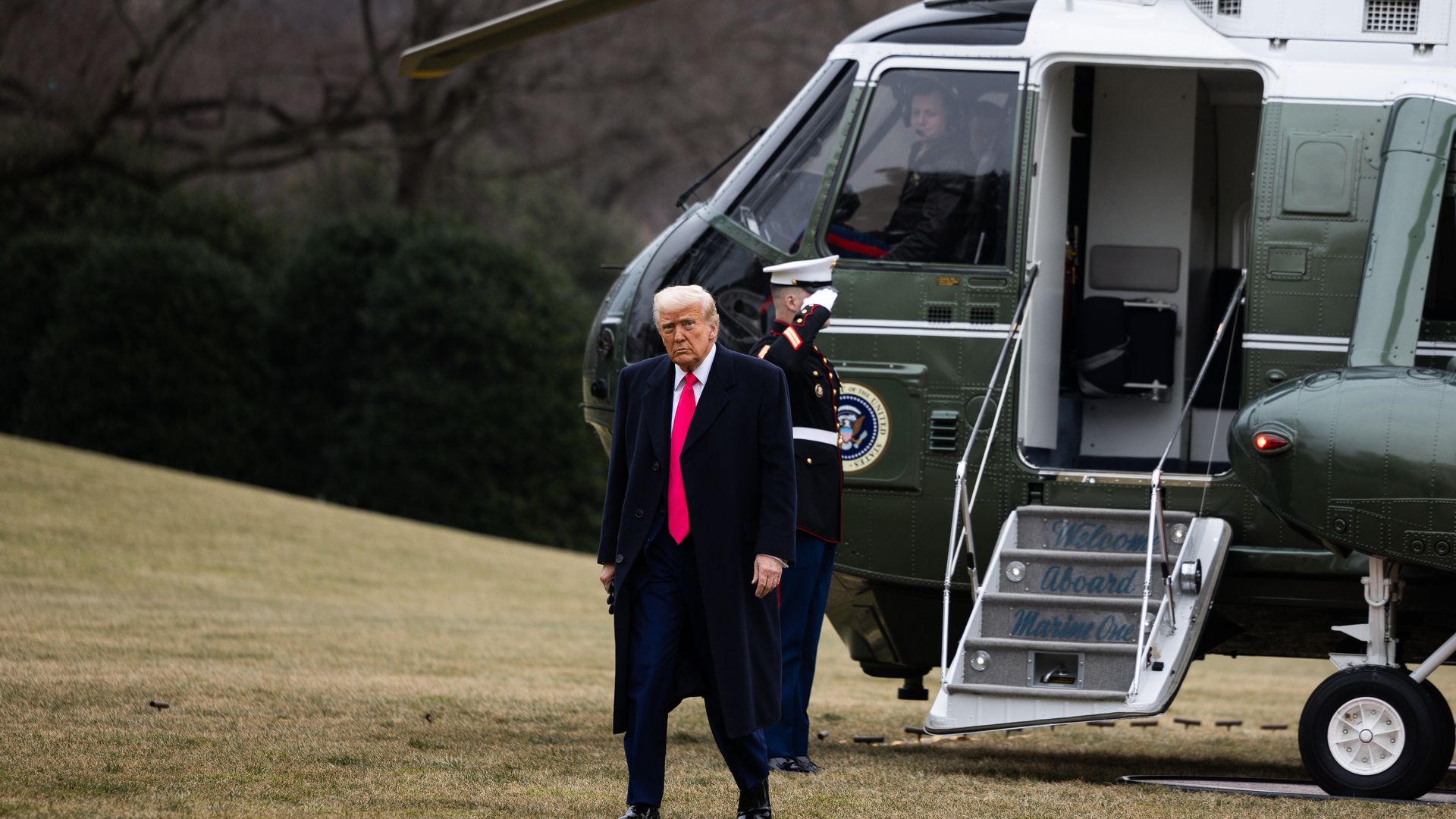  U.S. President Donald Trump walks to the Residence after arriving to the White House on February 22, 2025 in Washington, DC. 