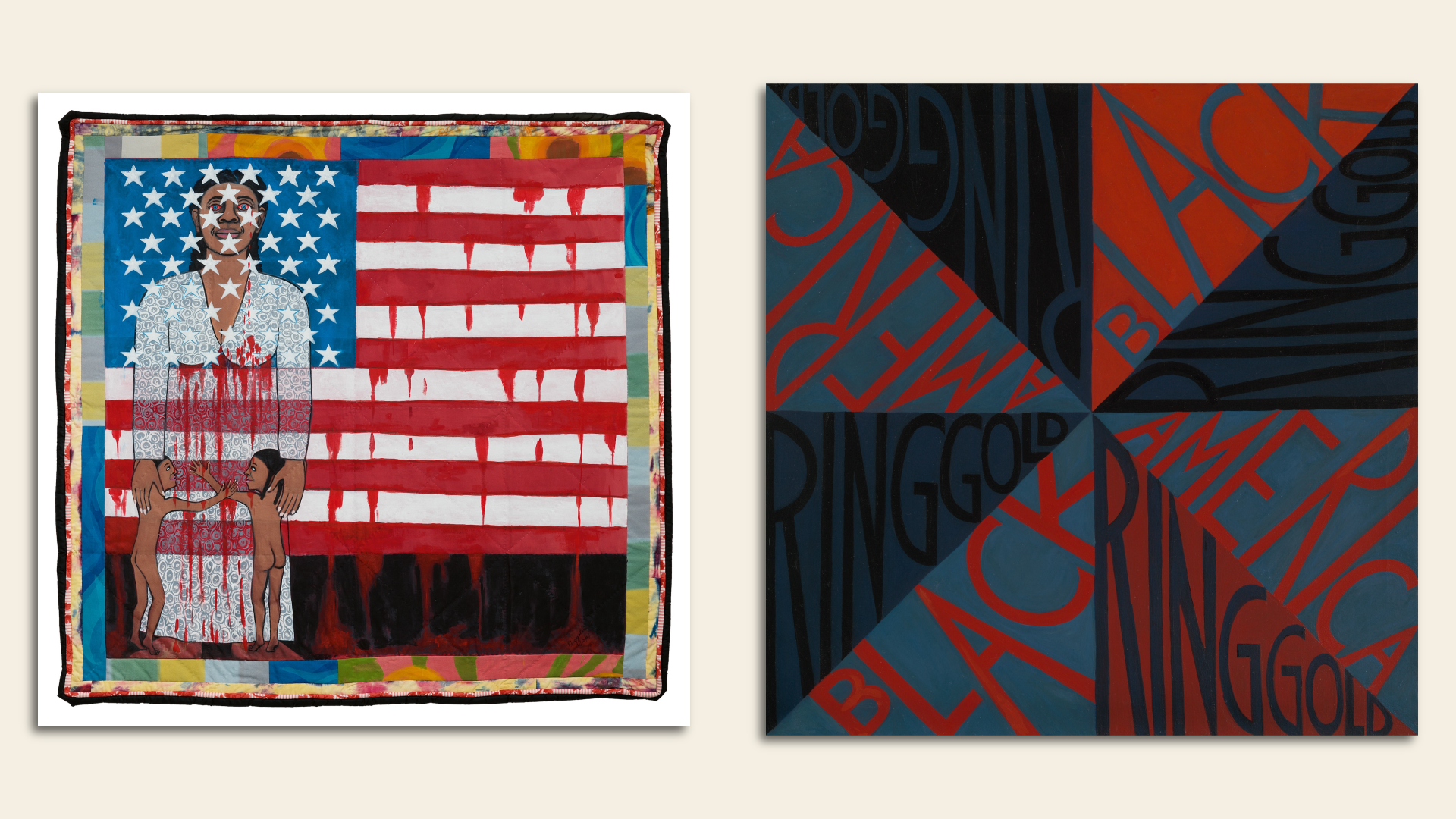 Painting of American Flag with splattered red paint and woman hugging two children and square divided into eight triangles with words Black, America, Ringgold on them.