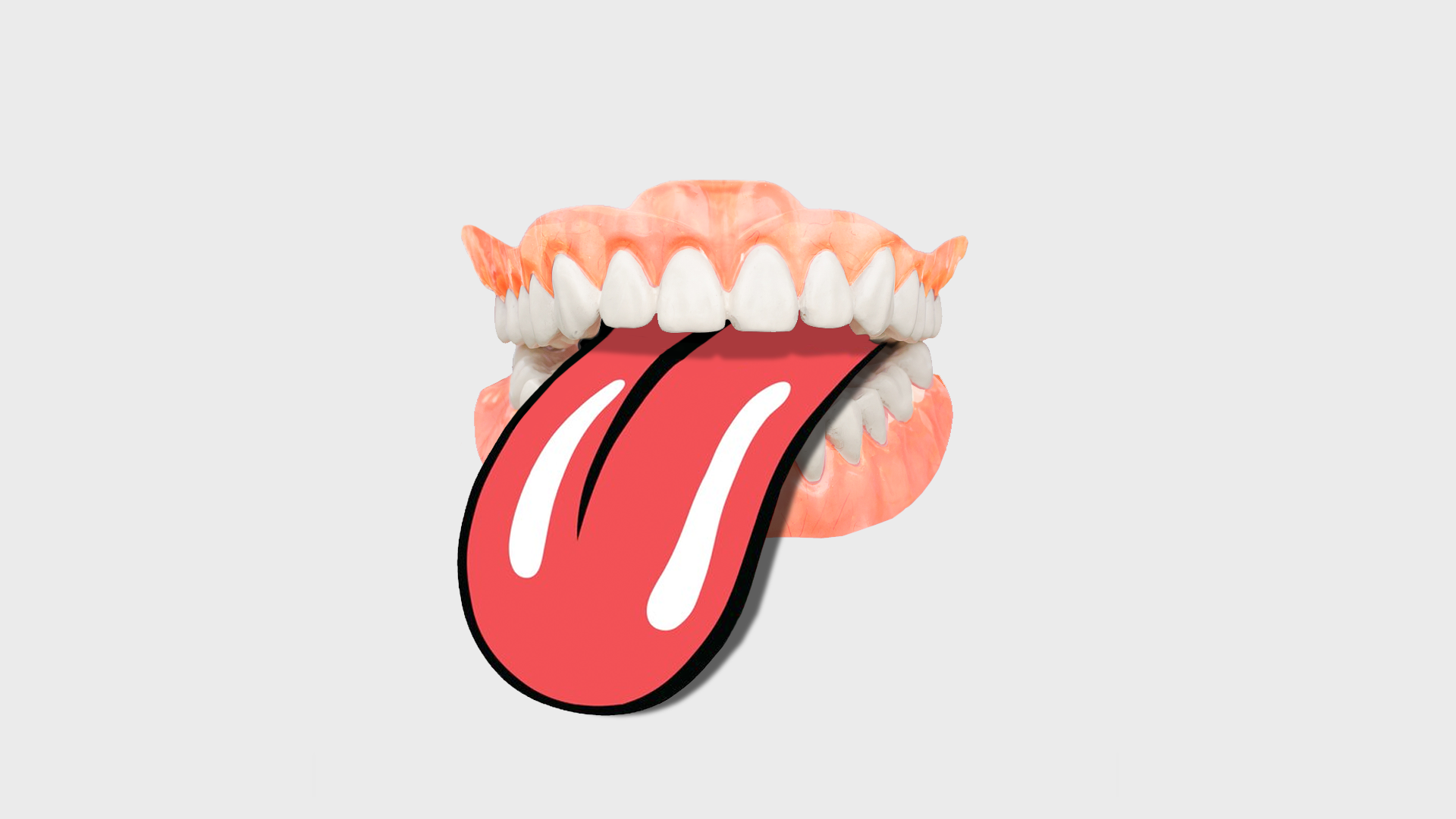 Illustration of a set of dentures with the Rolling Stones tongue hanging out.