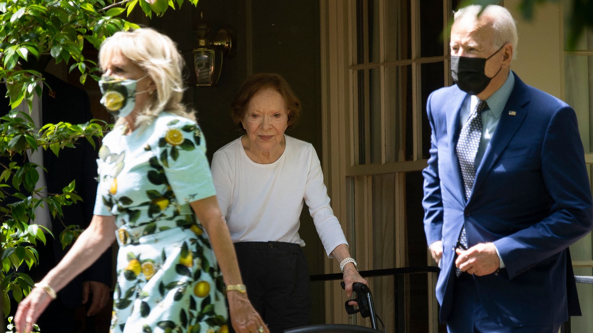 Former first lady Rosalynn Carter is seen with first lady Jill Biden and President Biden after they visited former President Carter.